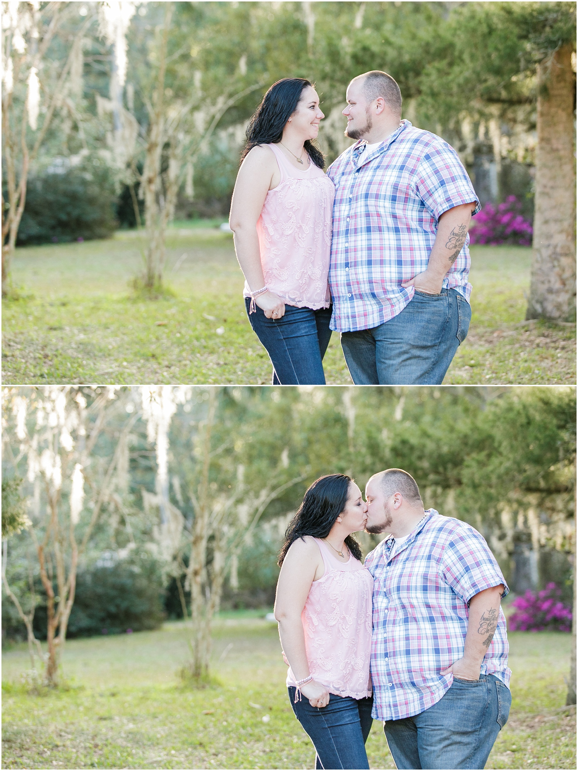 Couple taking photos while looking at each other and another photo where they are kissing. 