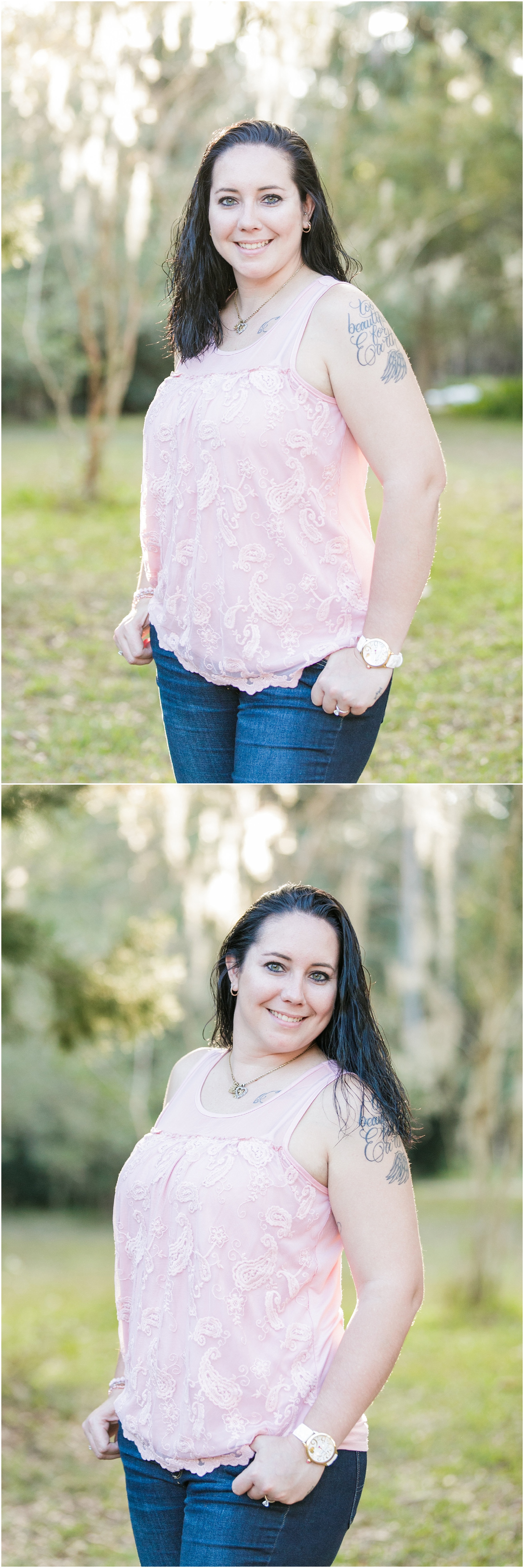 Portraits of the future bride at her engagement session wearing a pink top and blue jeans.