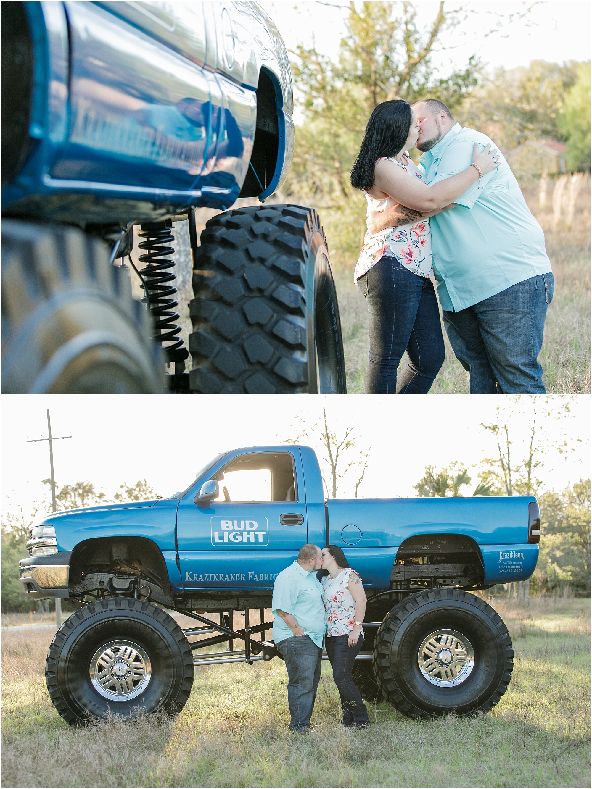 A monster truck in the field with engaged couple kiss and take photos around it.