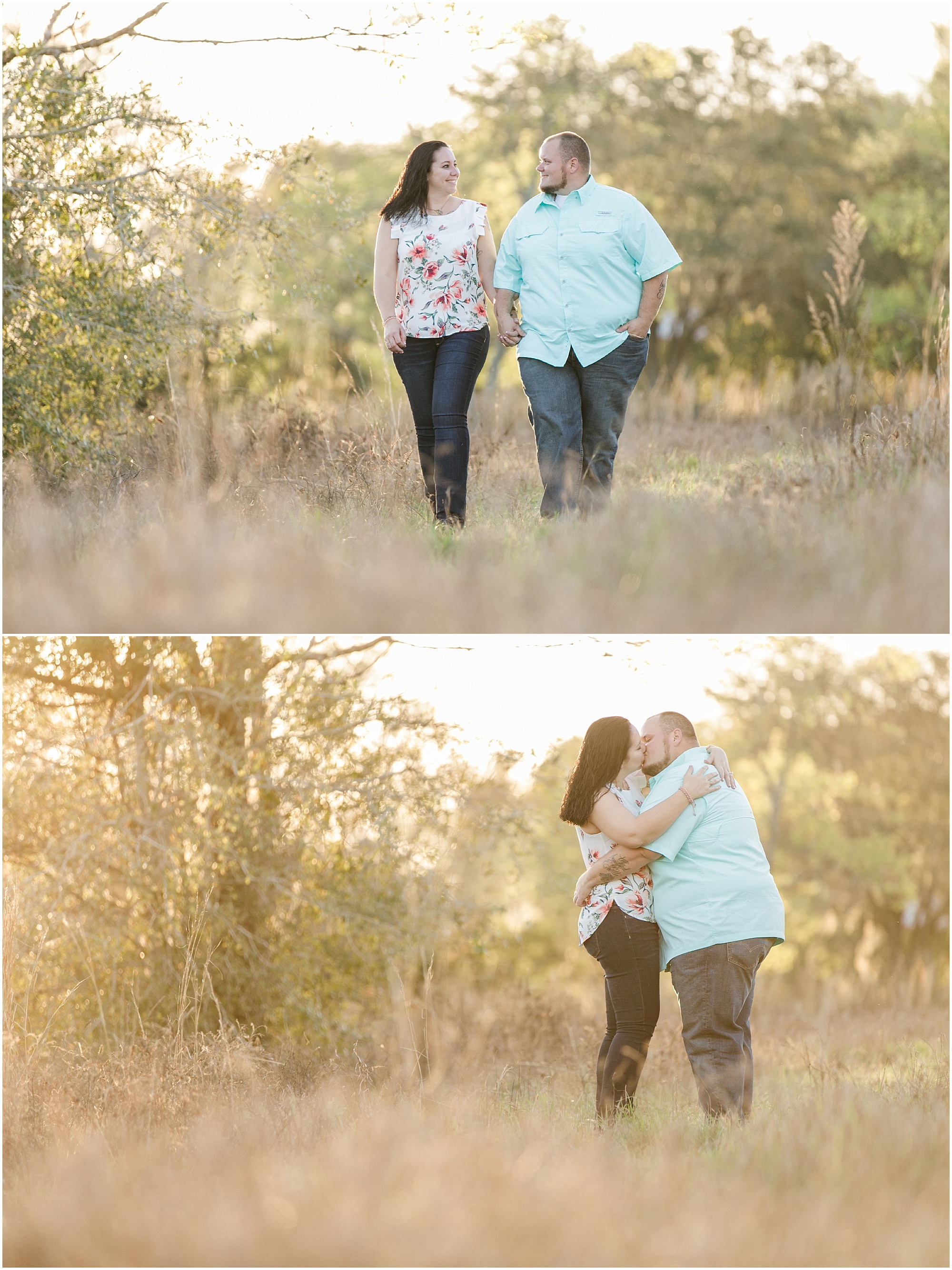 Engaged couple takes a walk in the field during sunset.