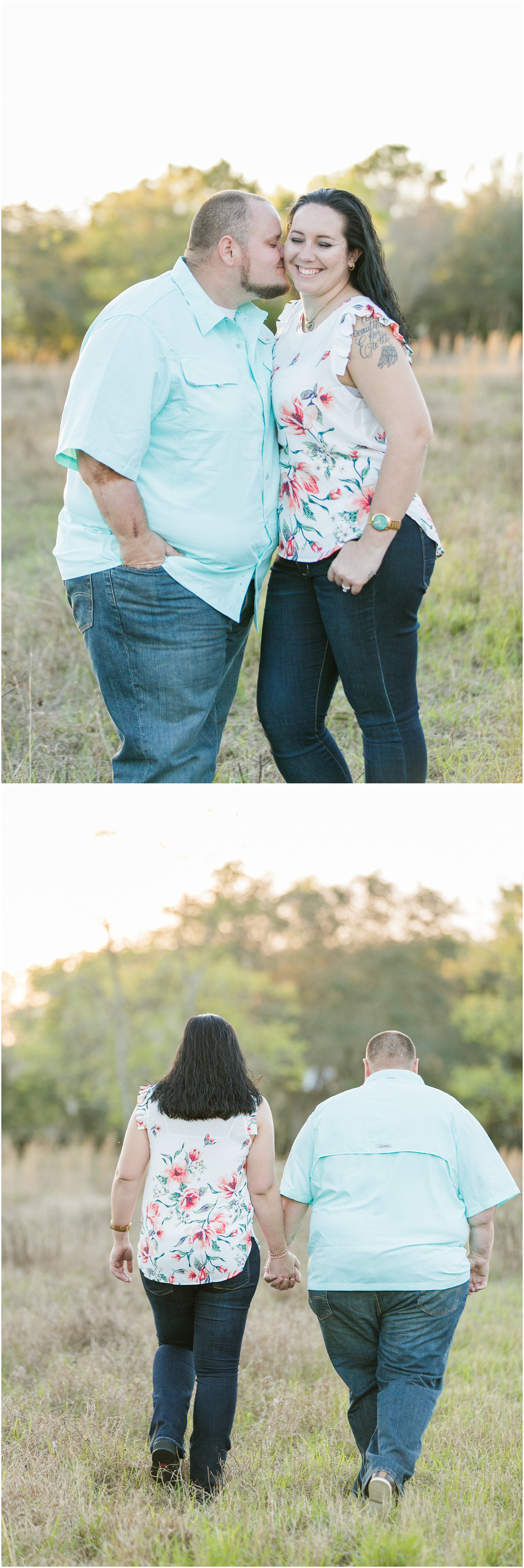 Engagement session couple snuggling and walking in a field.