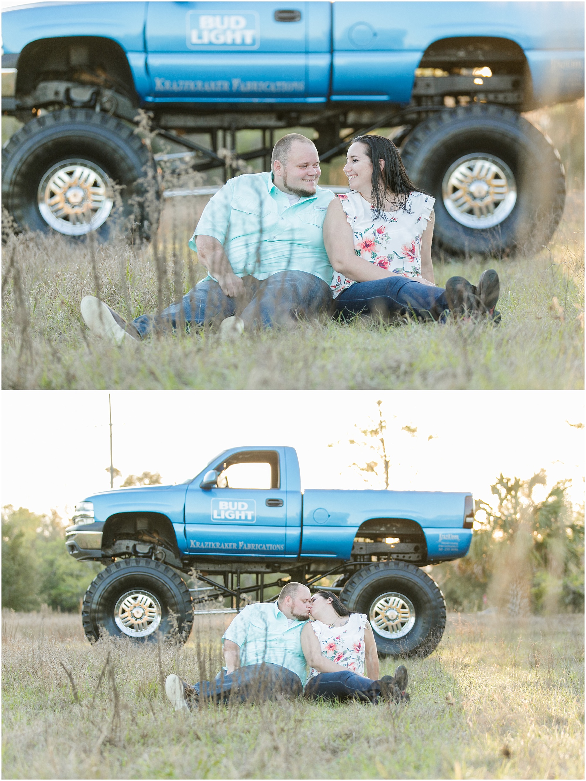Couple sitting on the ground in a field with their Monster Truck behind them.