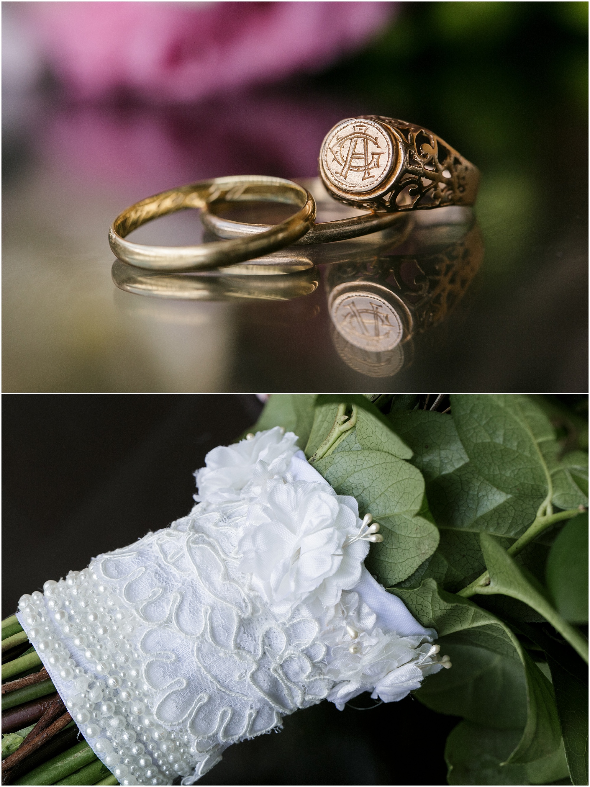 Heirloom rings and bouquet stem wrapped with lace from bride's mother's veil.