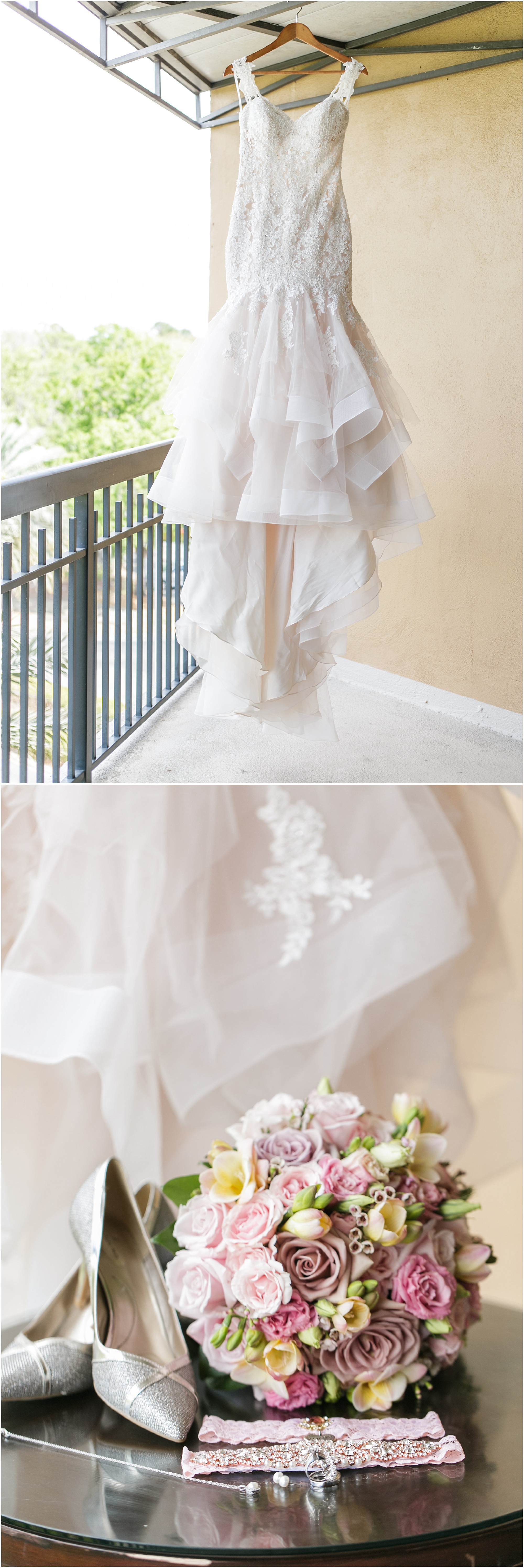 Wedding dress hanging on the balcony of the Sheraton Orlando.