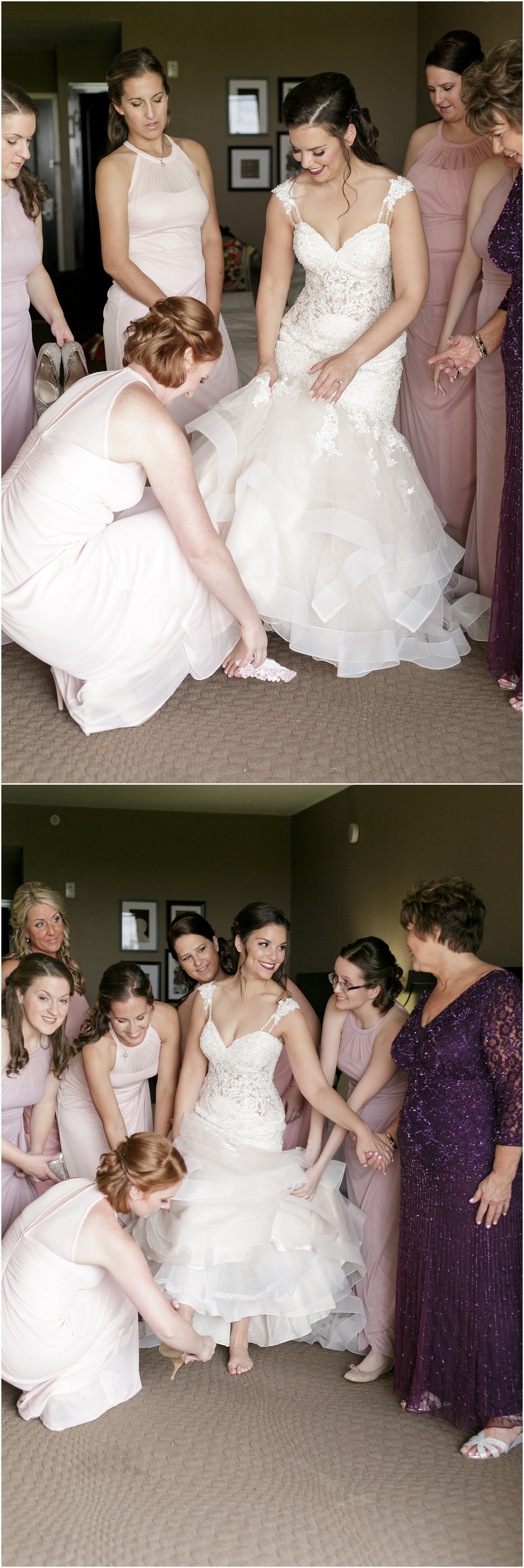 Bridesmaids helping the bride put on her shoes. 