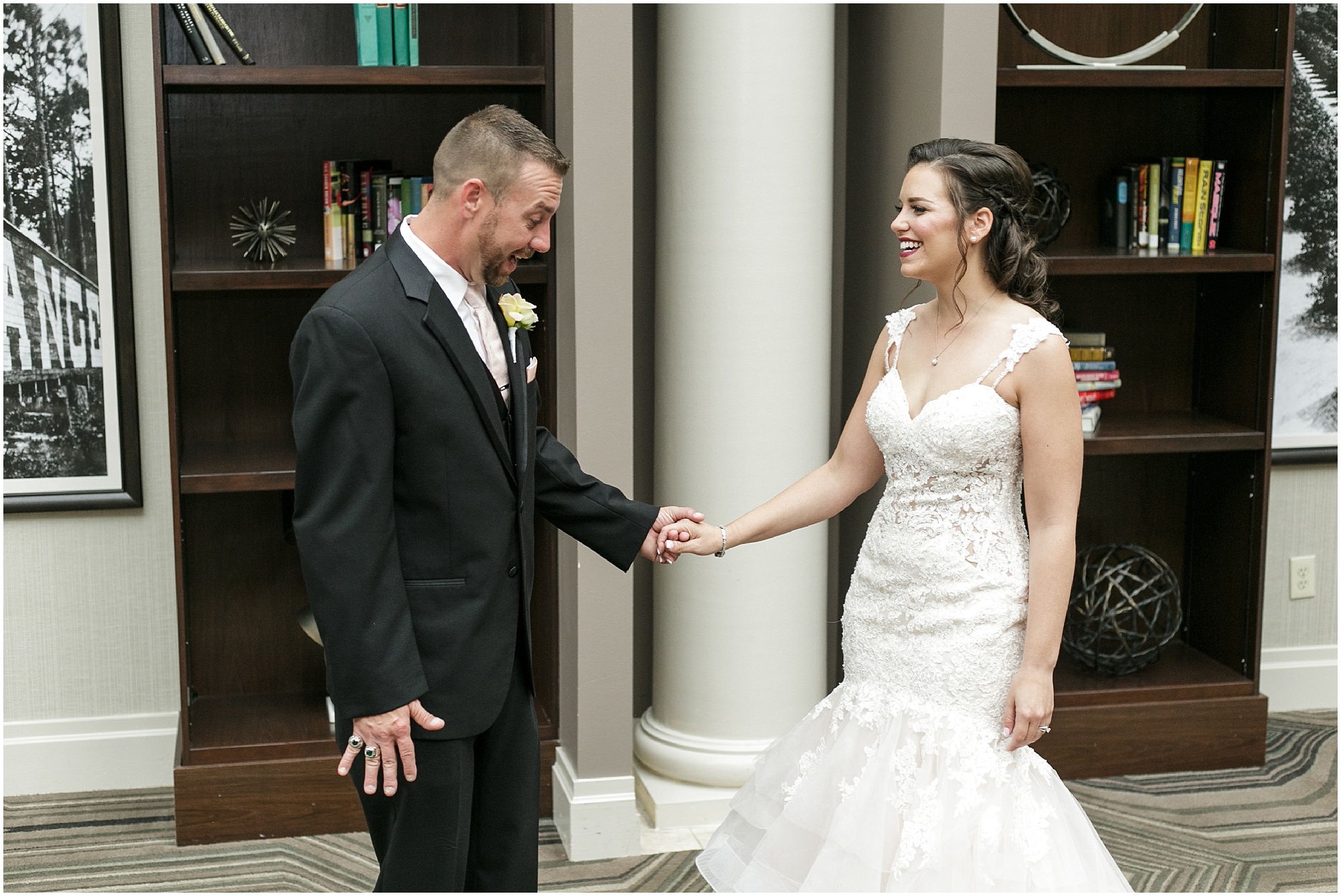 Groom's surprised reaction to seeing his bride for the first time on their wedding day. 