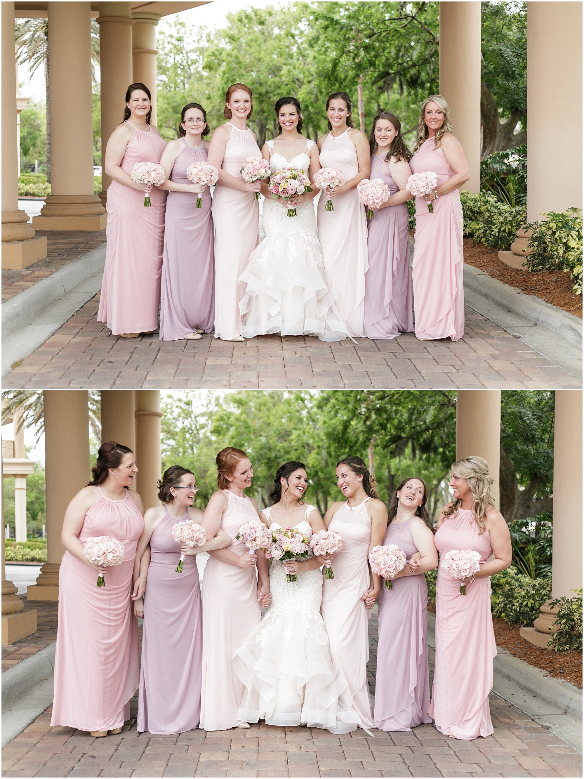 The bride and her bridesmaids taking photos outside. 