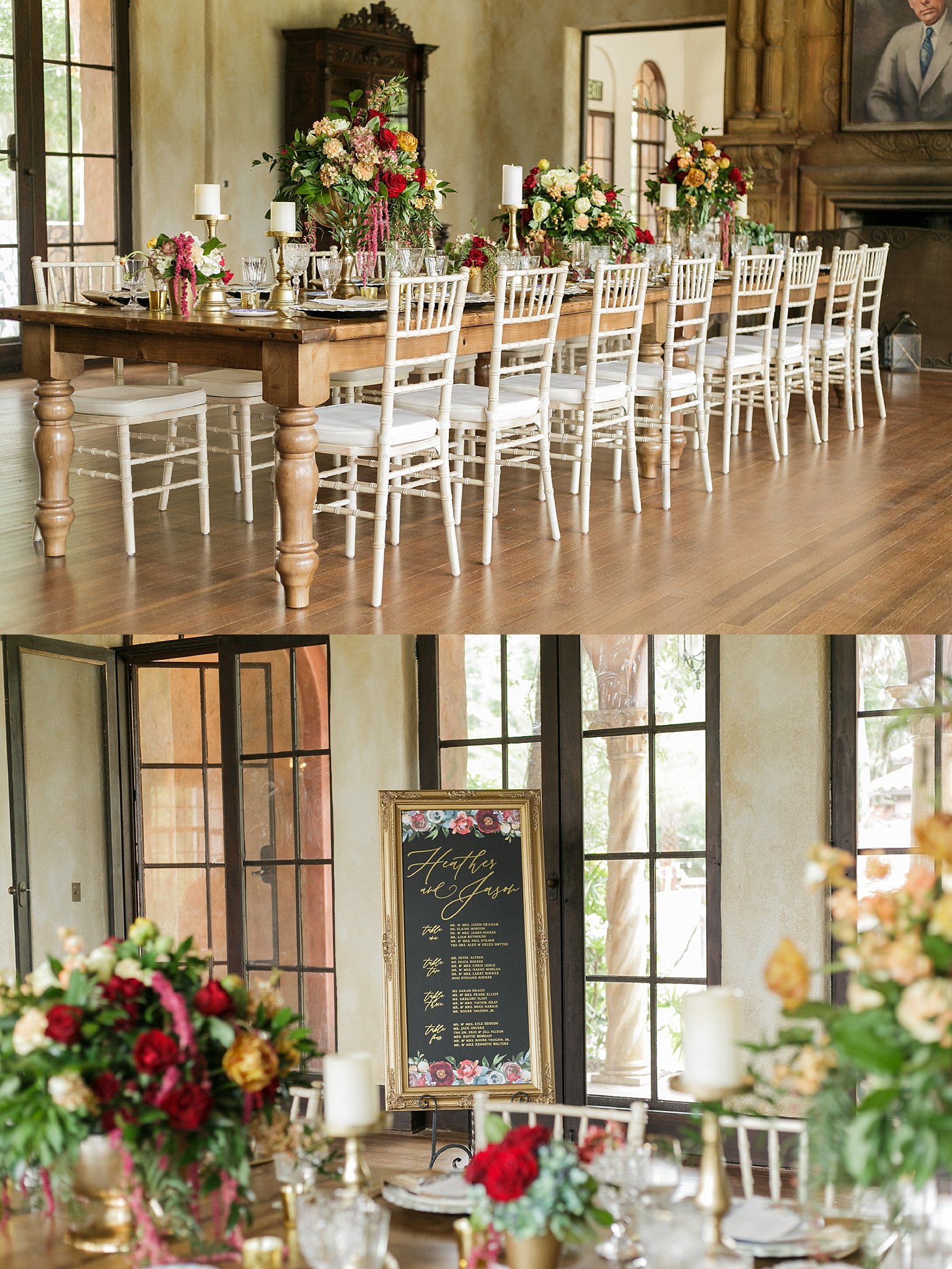 An intimate wedding reception setup of one long table.