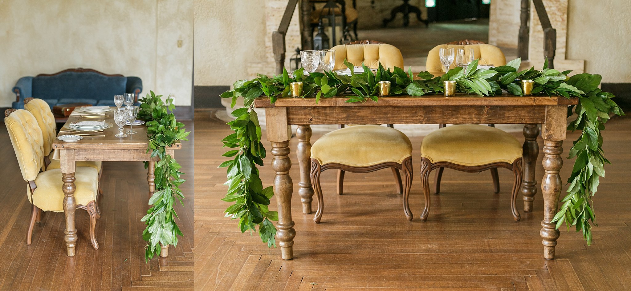 Sweetheart table with greenery and gold details.