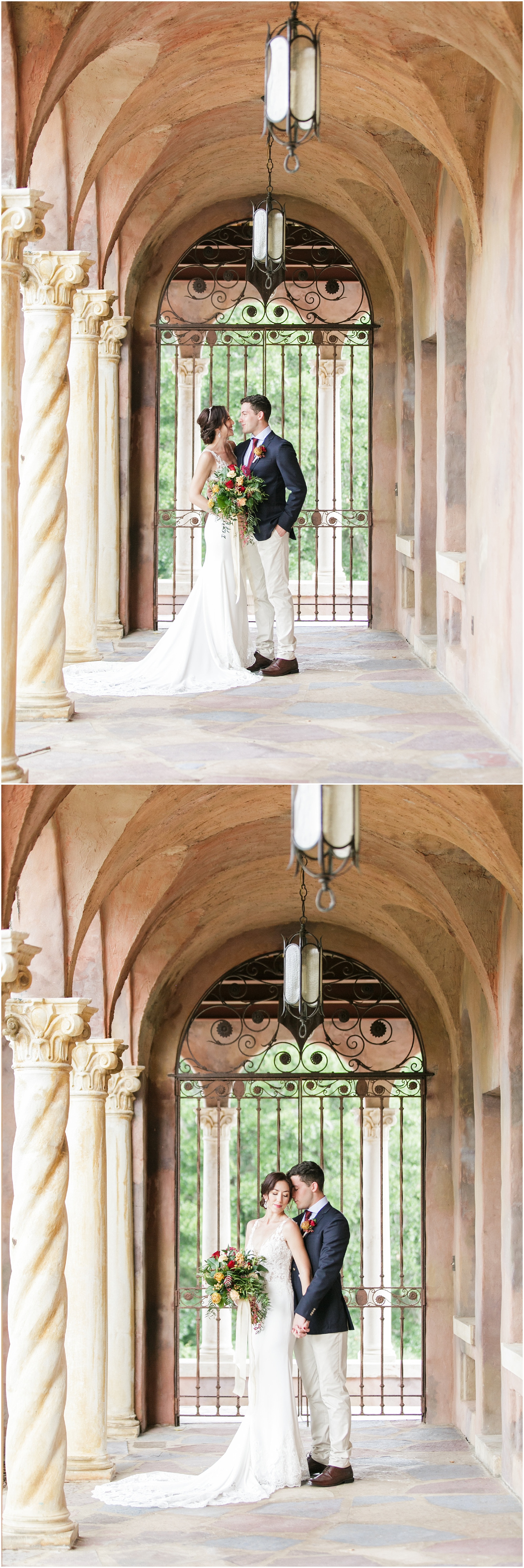 Bride and groom taking portraits in the breezeway at the Howey Mansion.