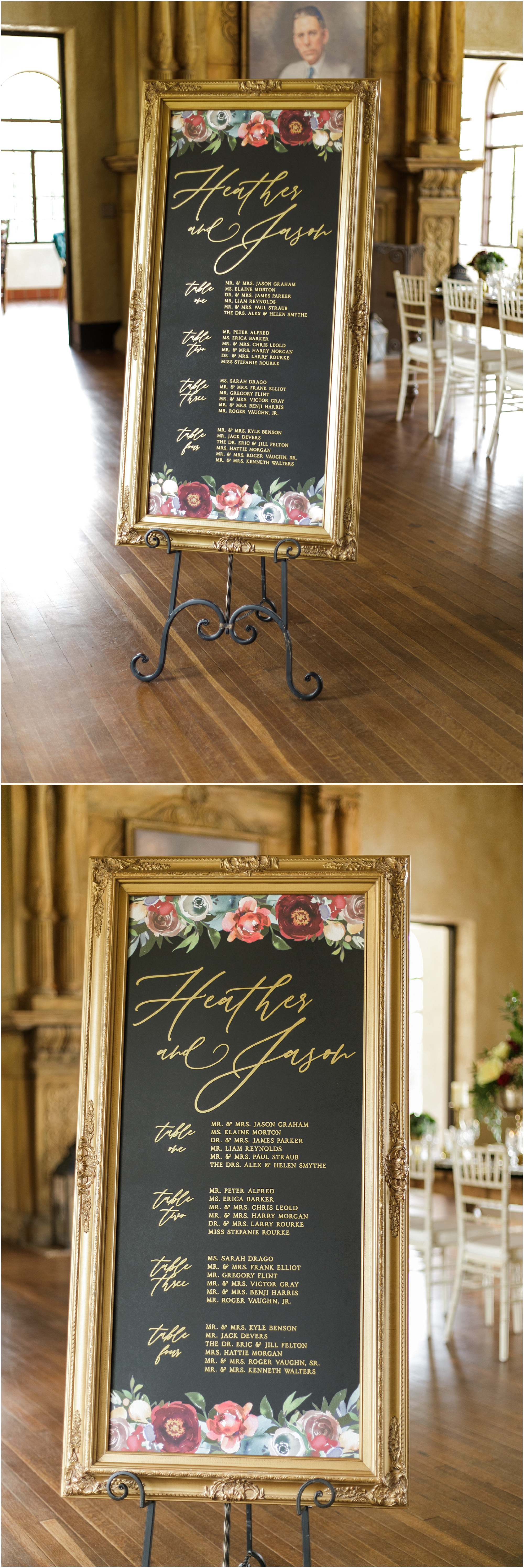 Chalkboard seating chart with floral details.