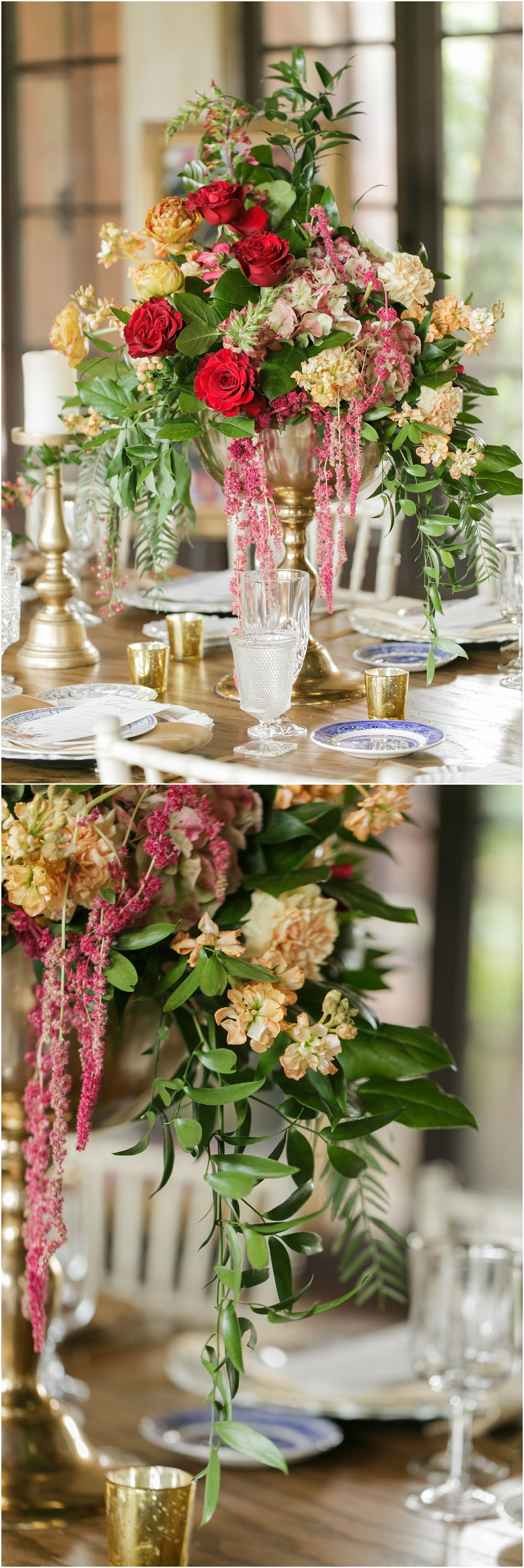 Floral centerpieces in shades of reds, golds, and greens. 