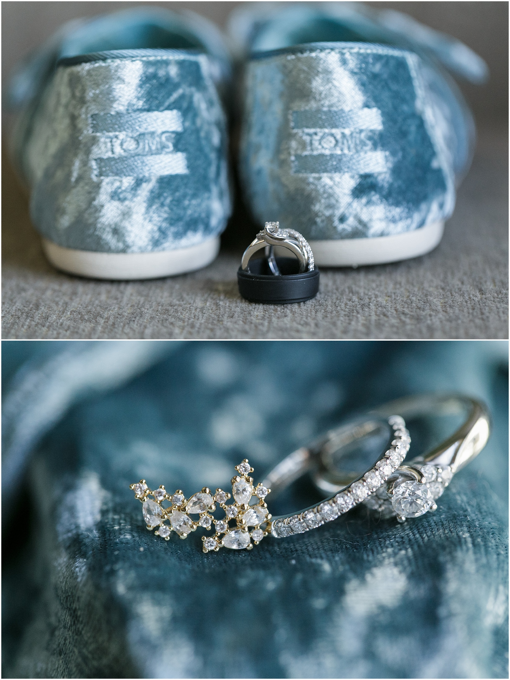Wedding rings and blue crushed velvet shoes. 