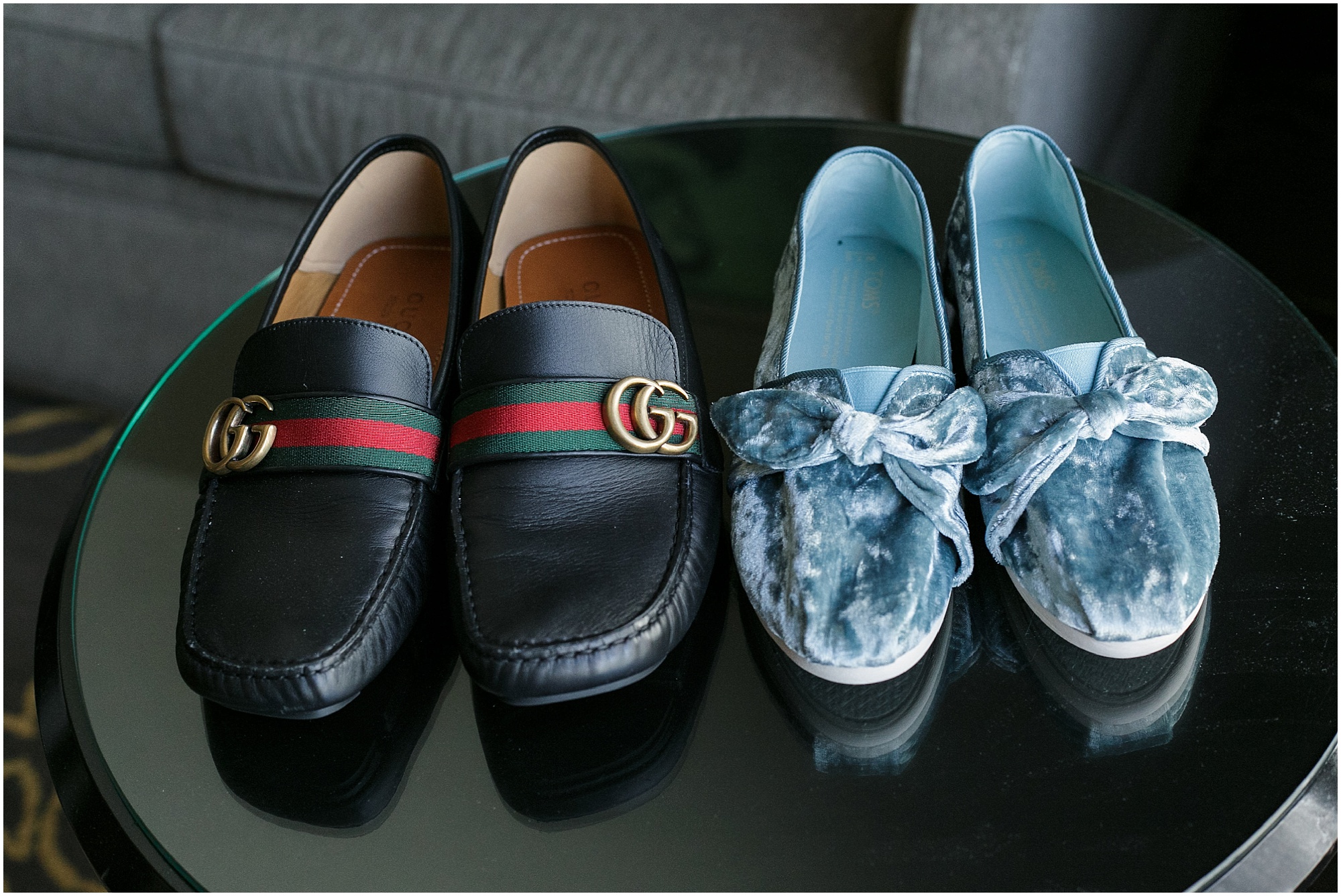 Bride's TOMs shoes and grooms Gucci shoes for wedding day attire.