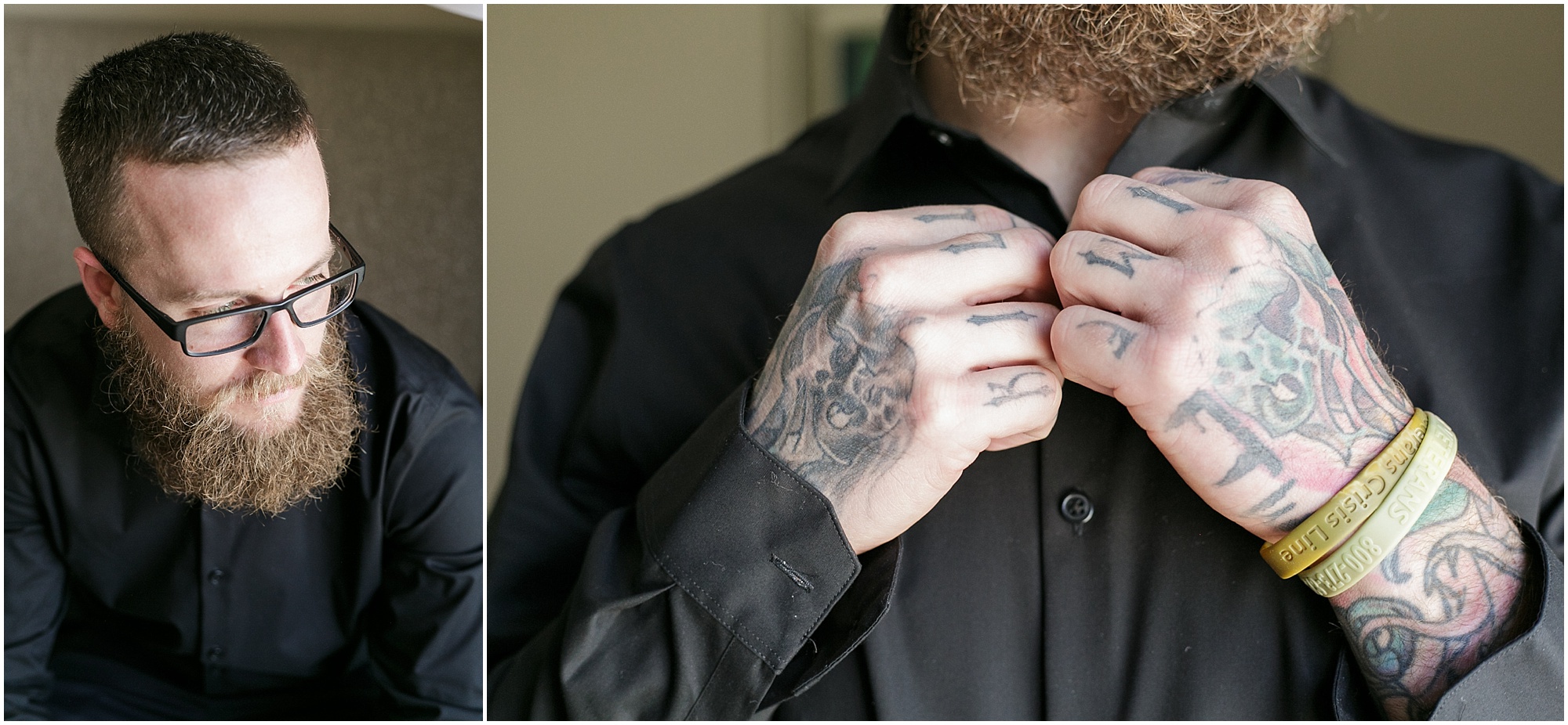 Guy with tattoos buttoning up his shirt while getting ready for wedding.
