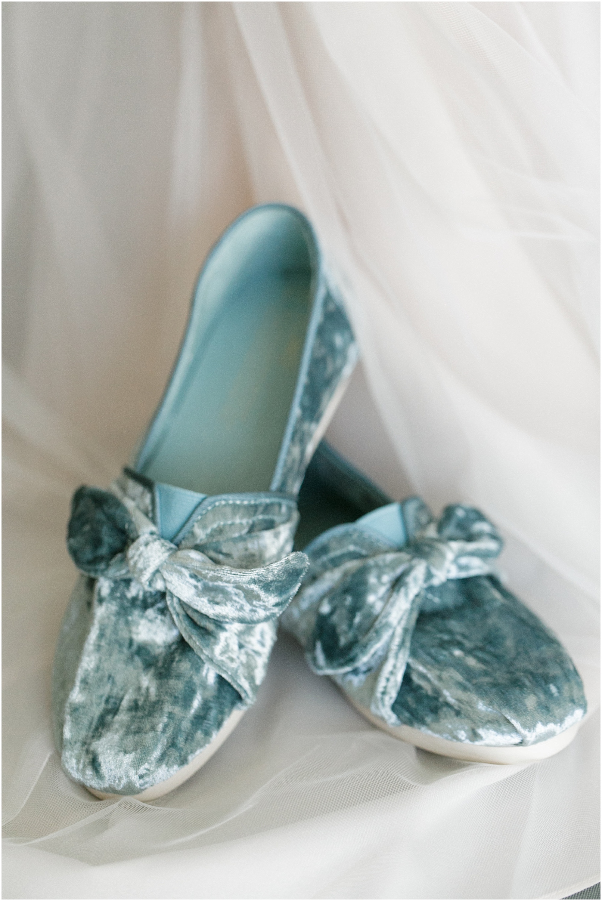 Bride's blue crushed velvet TOMs shoes.