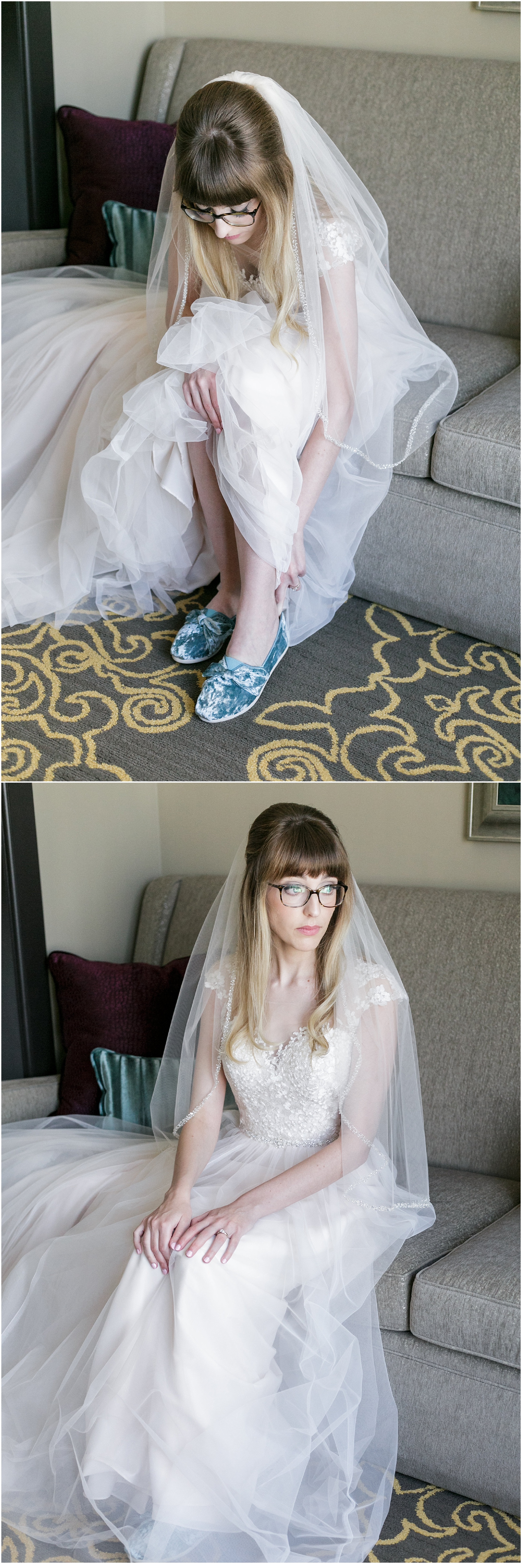 Bride putting on her shoes and sitting and waiting on a couch.