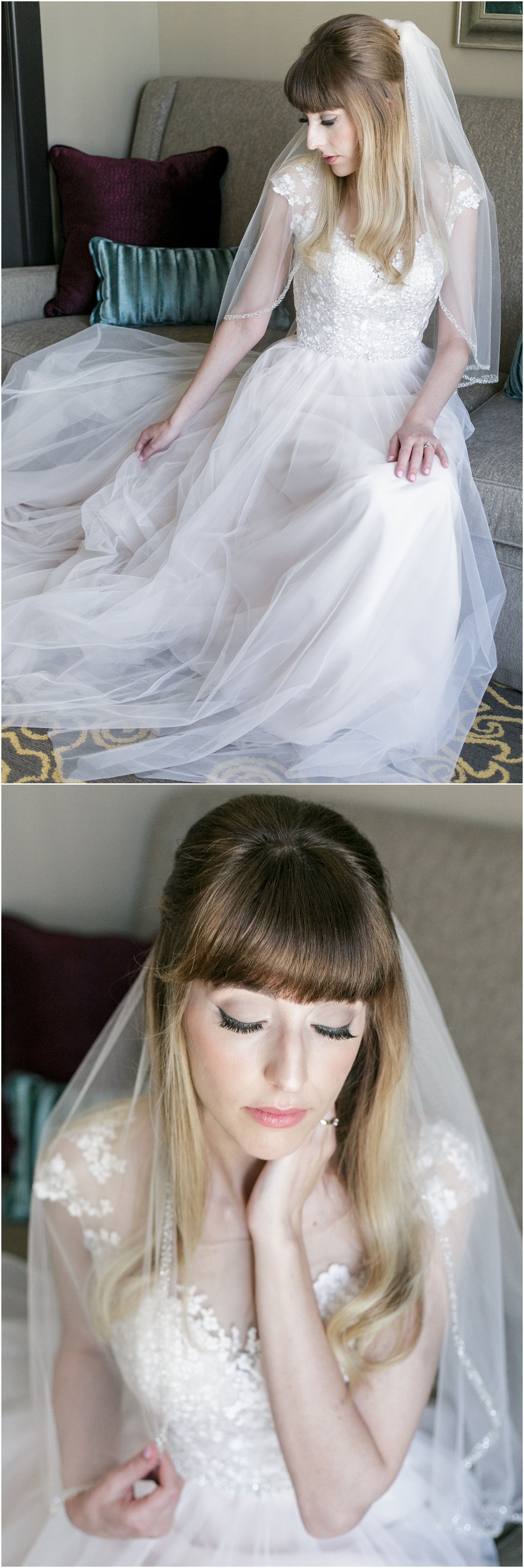 Bride showing off her dress and makeup while she waits to go to her elopement.