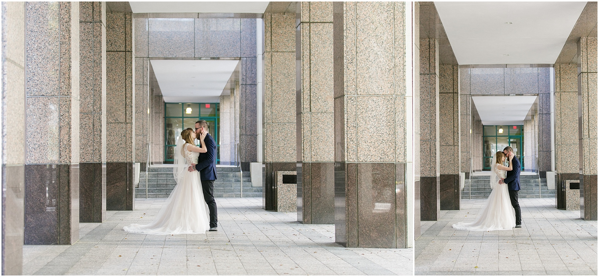 Couple kissing in a breezeway at a building in downtown Orlando.