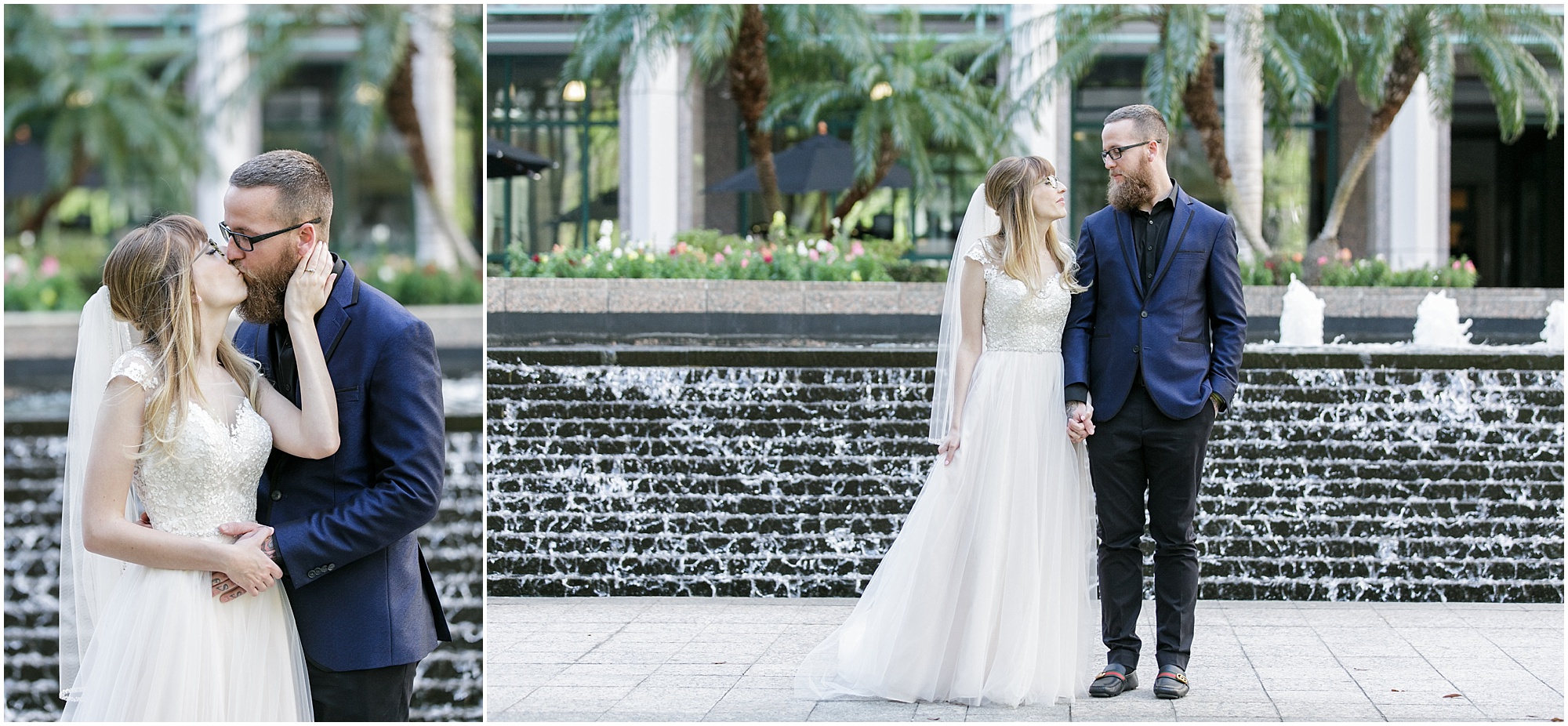 Bride and groom taking portraits in front of a fountain.