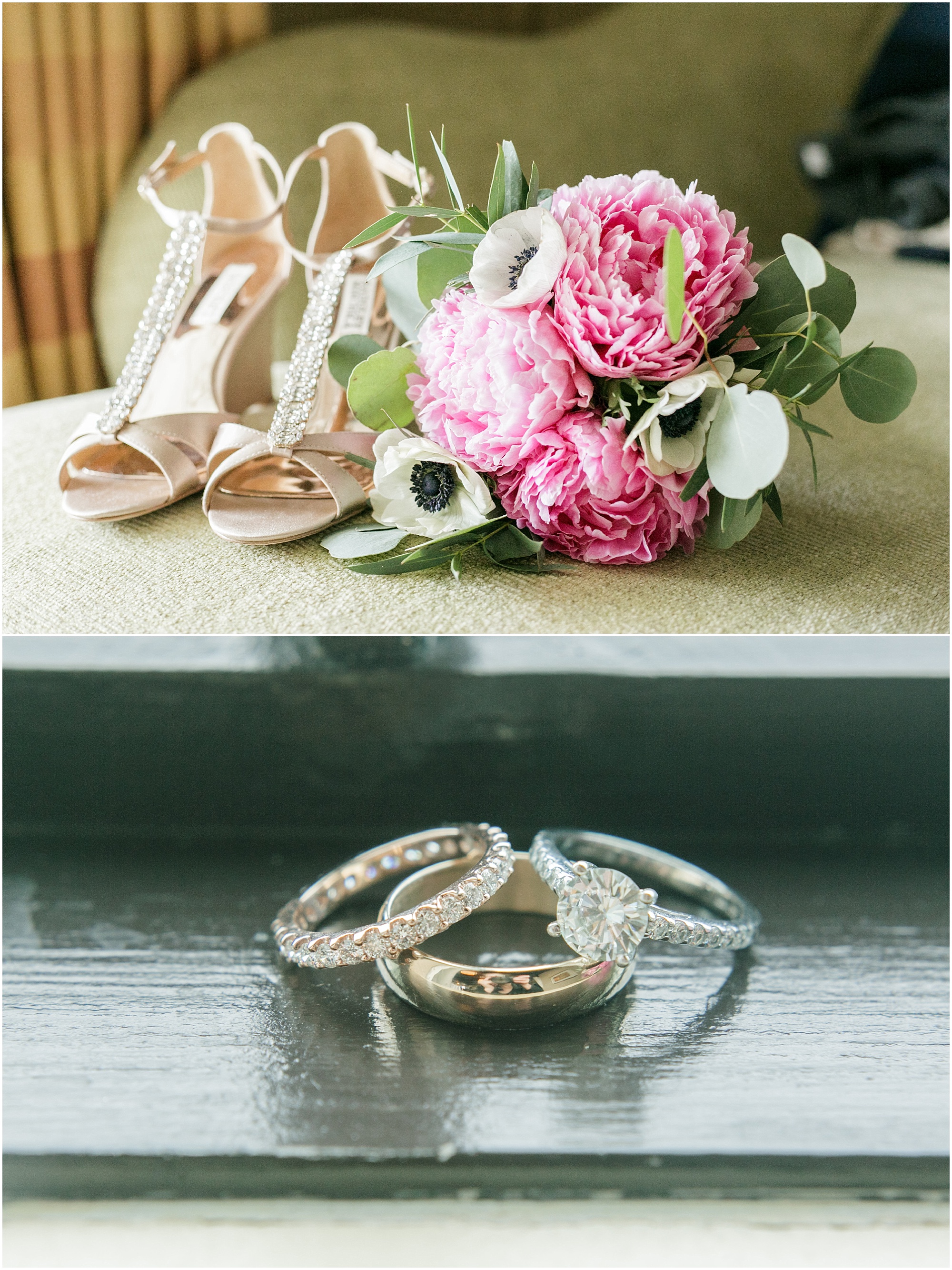 Wedding accessories including gold strappy shoes, a pink bouquet and wedding rings. 