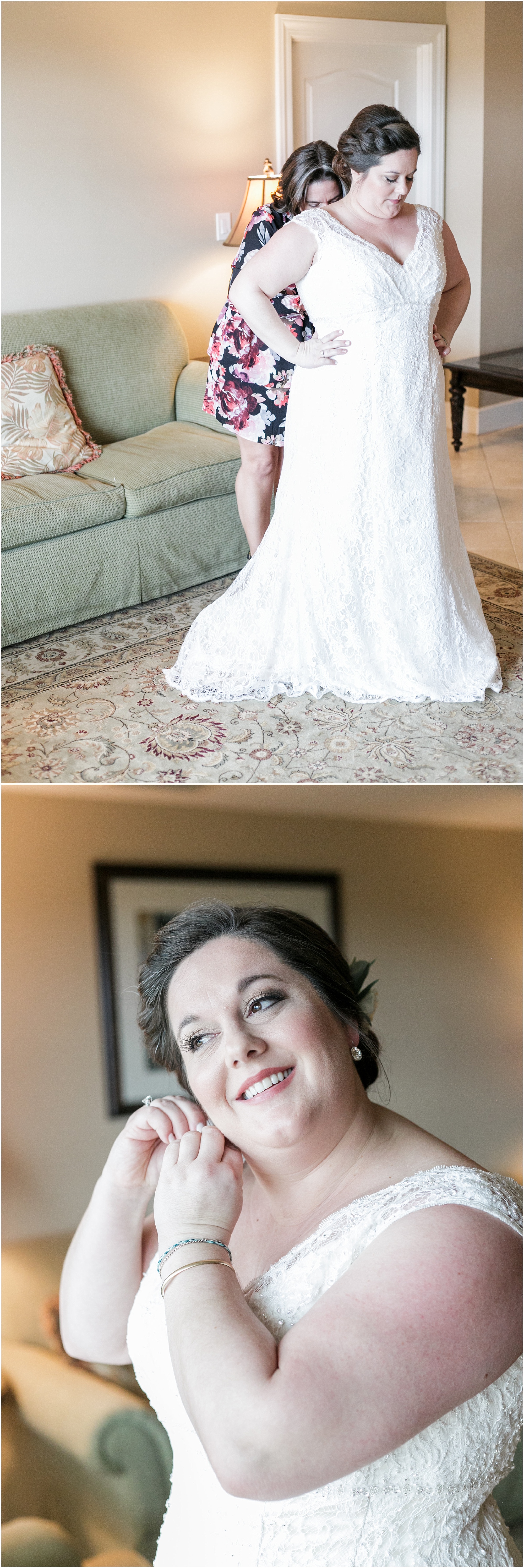 Bride putting on her wedding dress and earrings. 