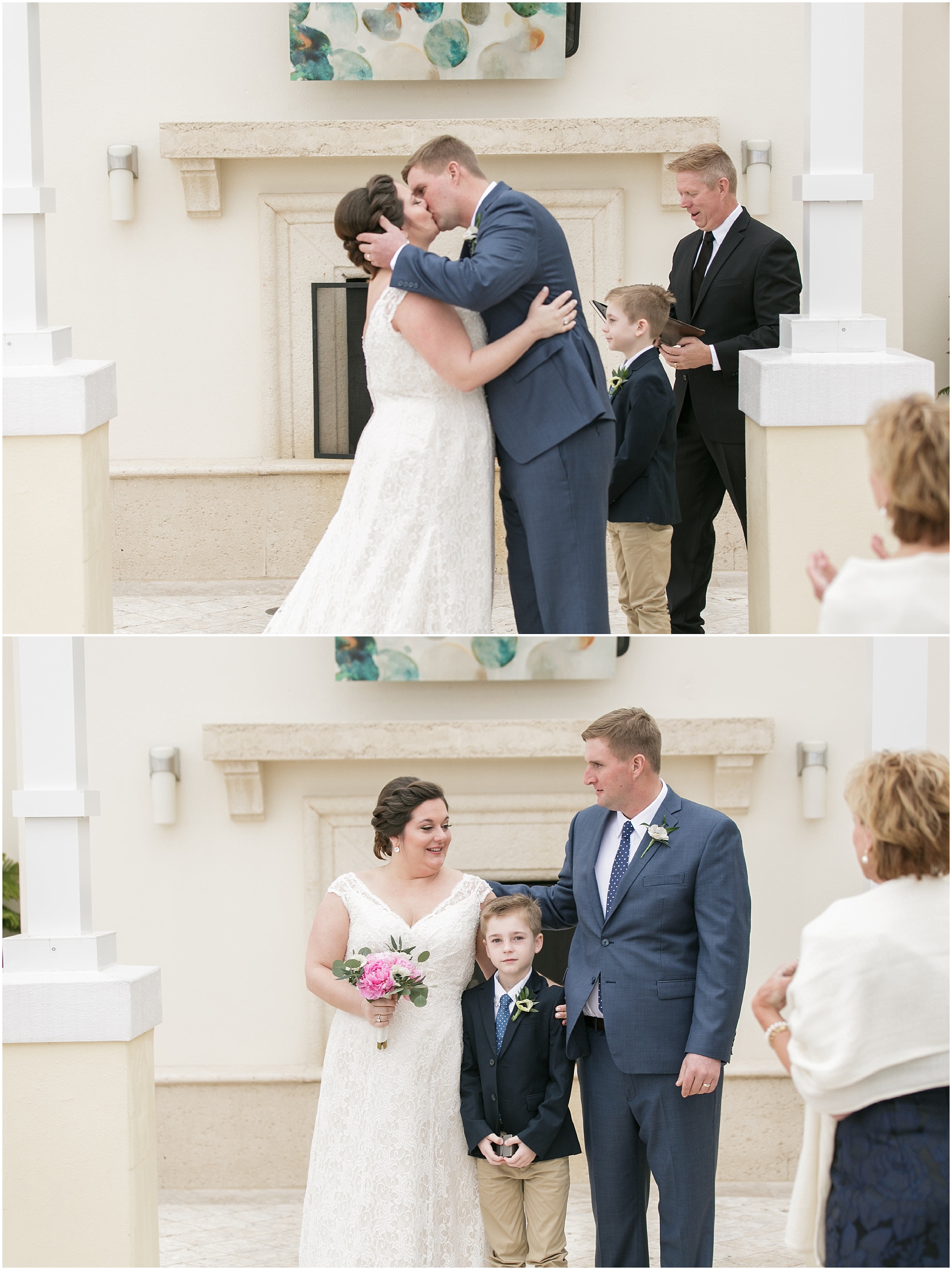 Couple share their first kiss as husband and wife and accept cheers from their family. 