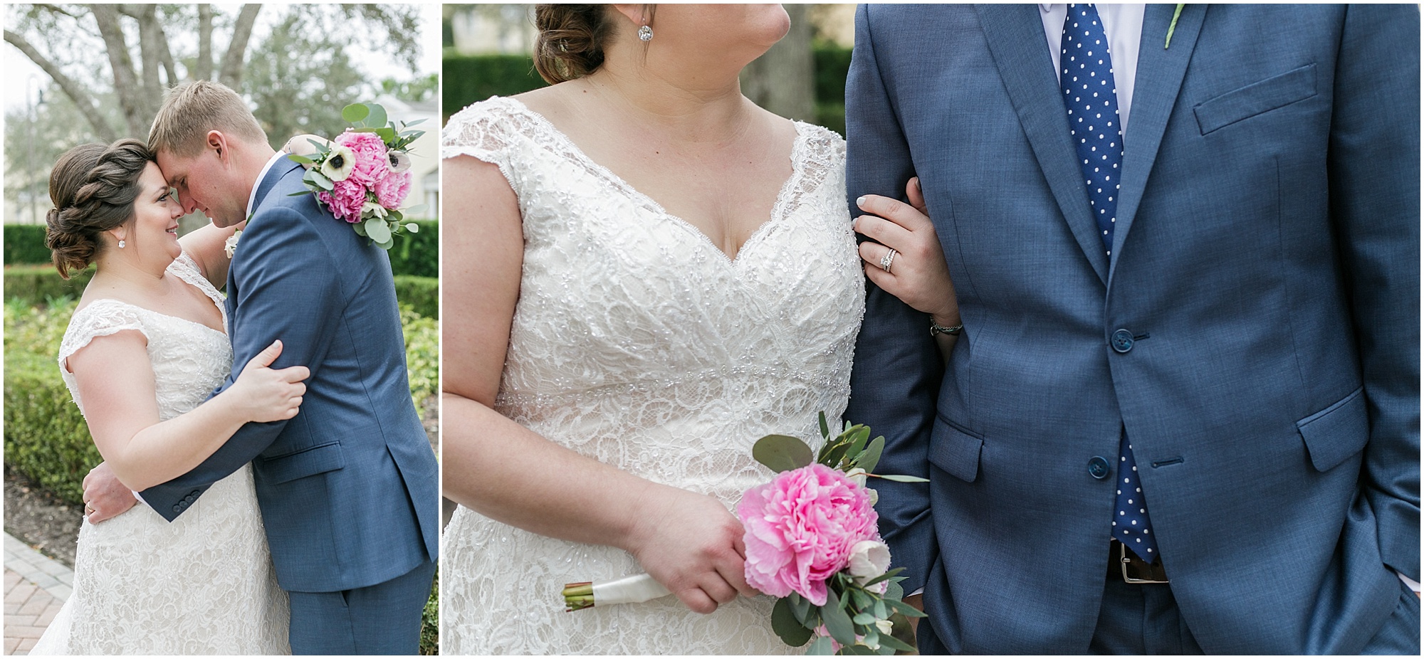 Portraits of the bride and groom holding each other while walking down a pathway outdoors. 