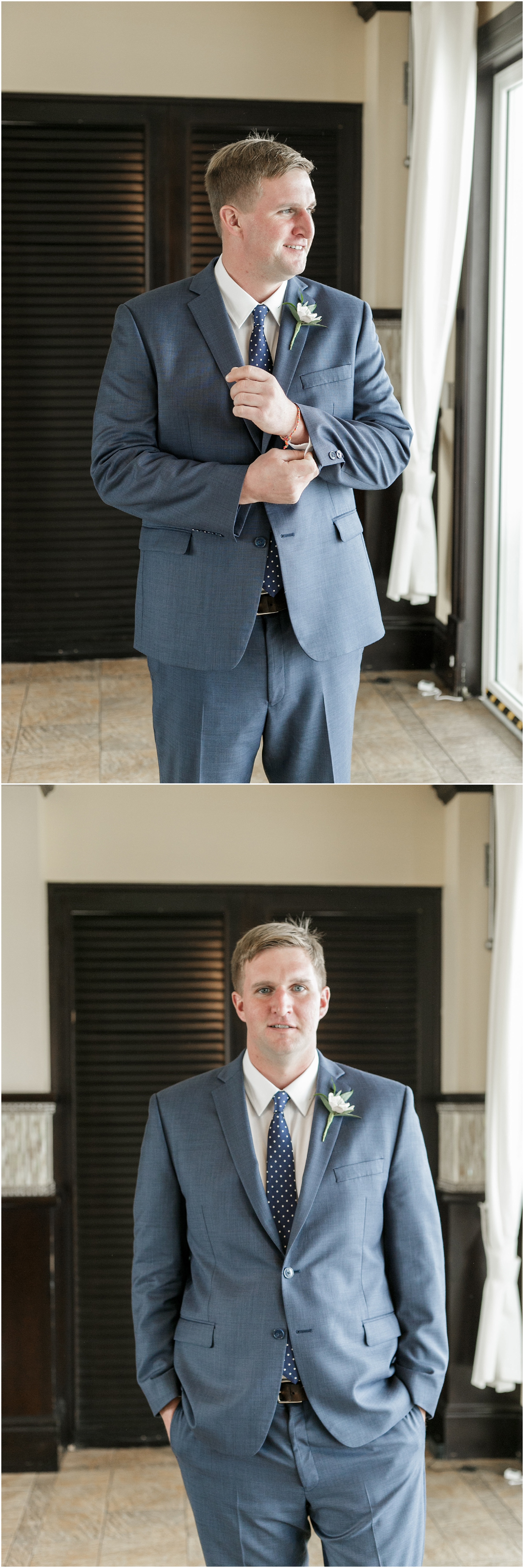 Groom in a blue suit getting ready for his wedding. 