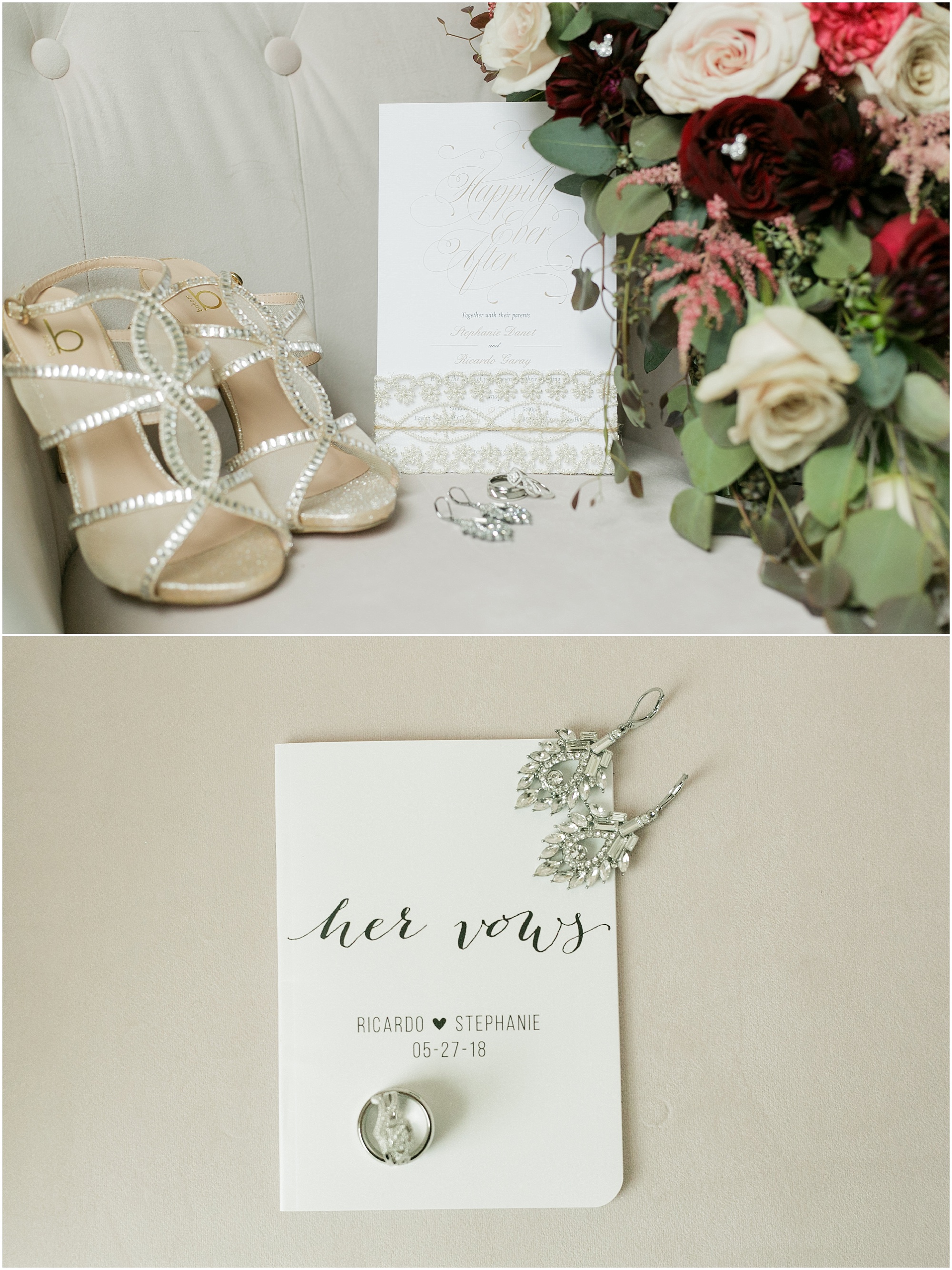 Wedding invitation along with bride's shoes, jewelry, flowers, and written vows. 