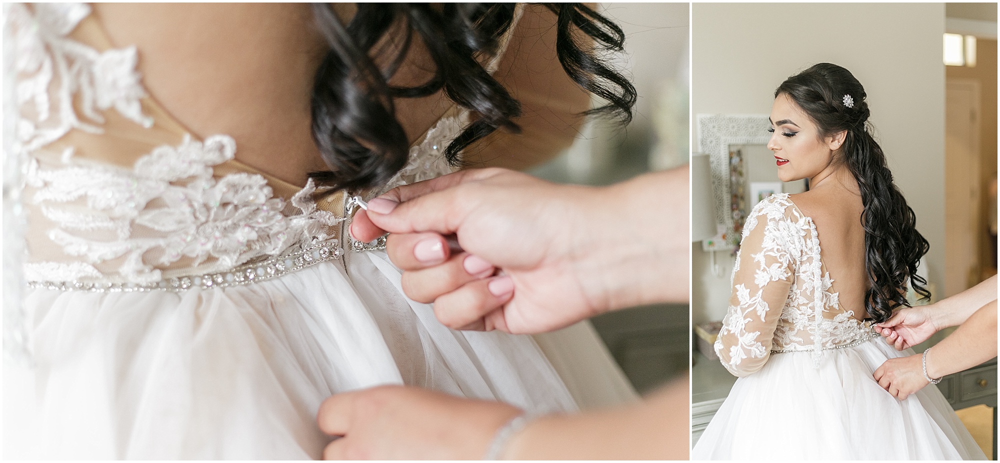 Bride having her dress zipped up by her bridesmaid. 