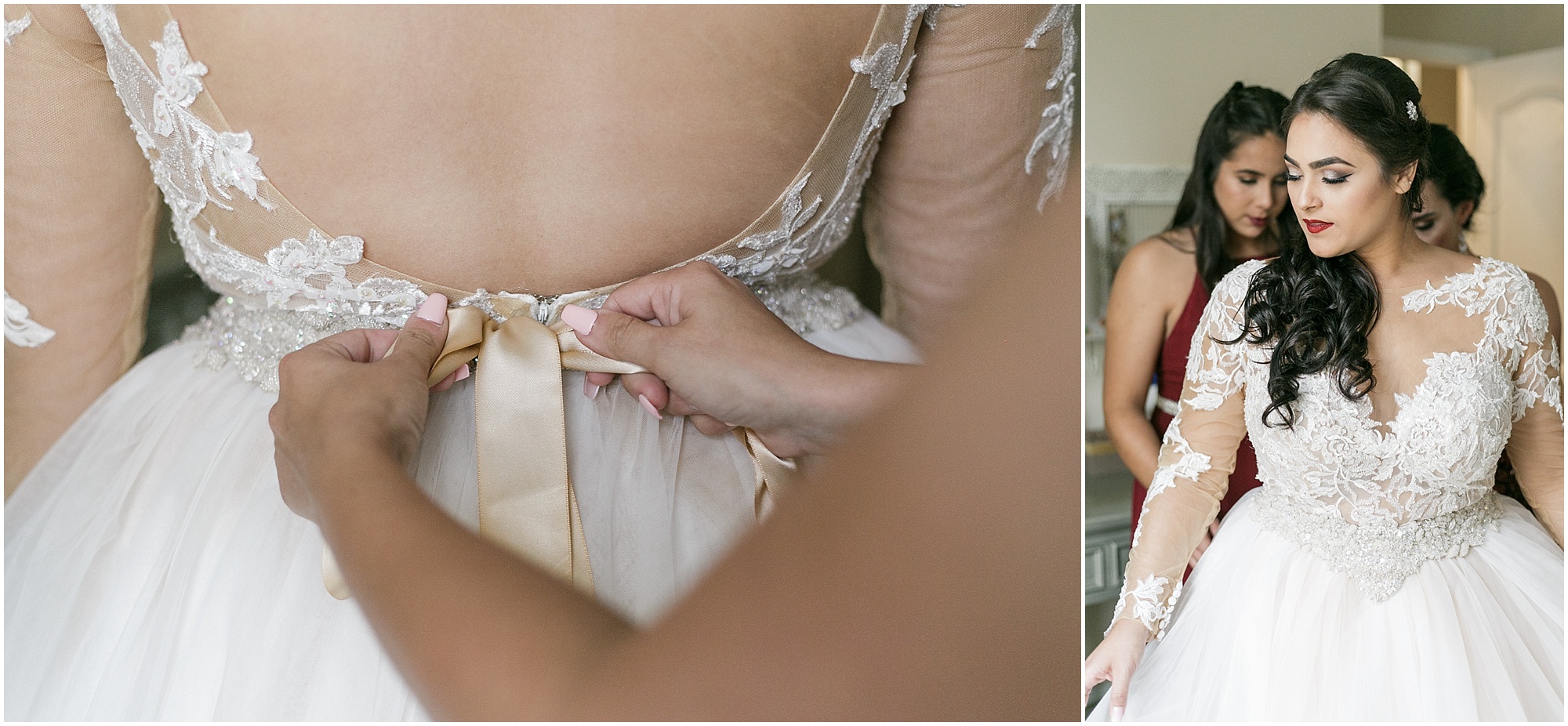 Tying the belt onto the back of the wedding dress. 
