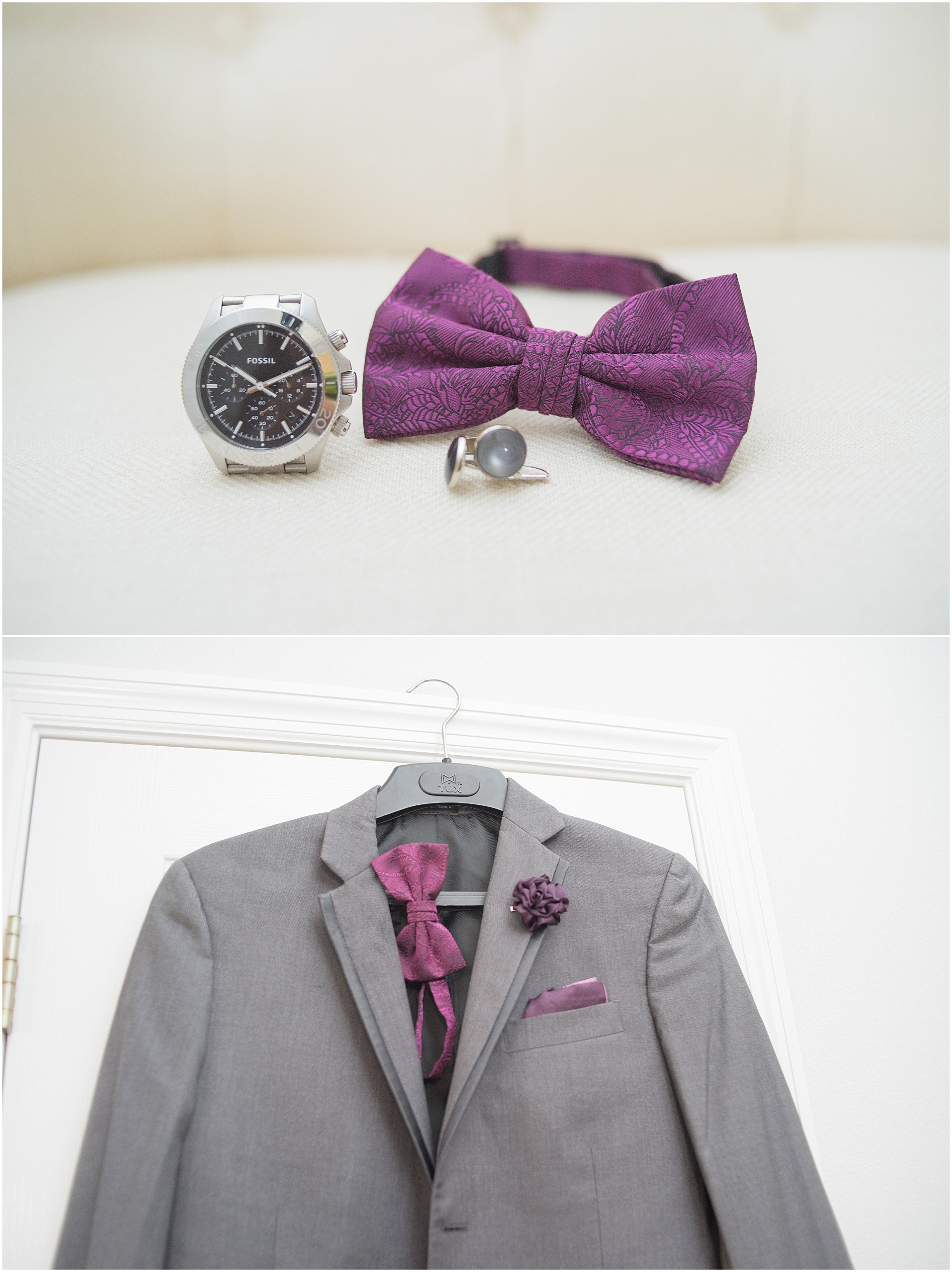 Groom's fuchsia bowtie, watch, cufflinks, and gray suit. 
