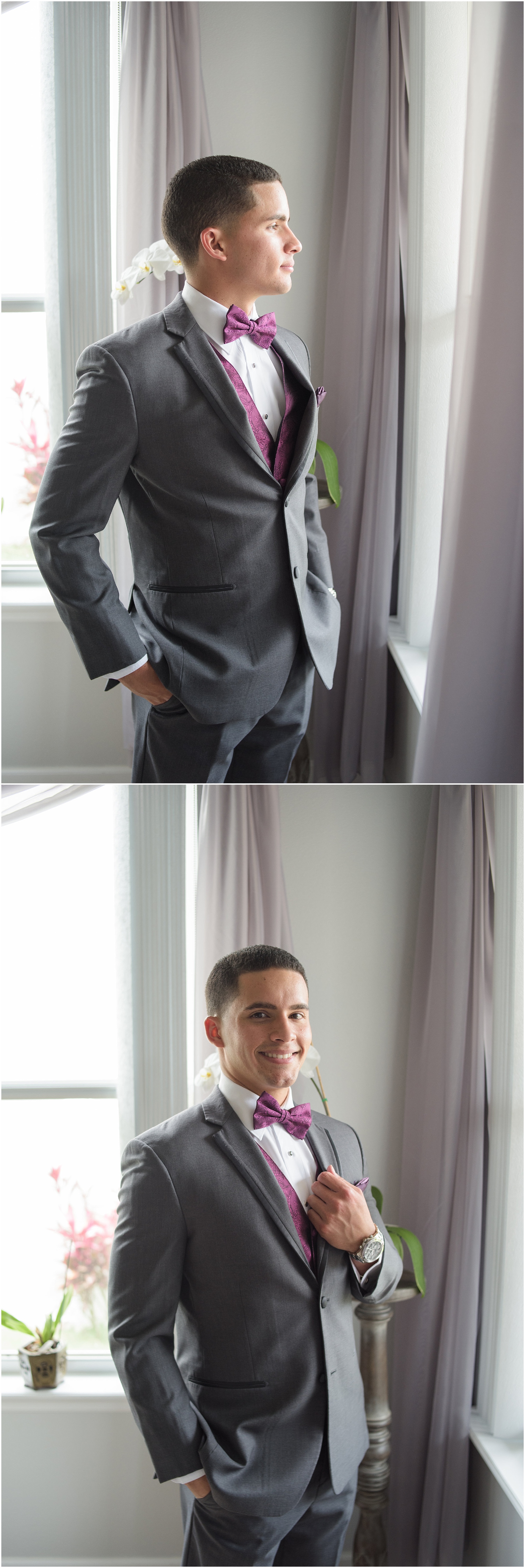 Portraits of the groom standing by the window all set to go to his wedding. 