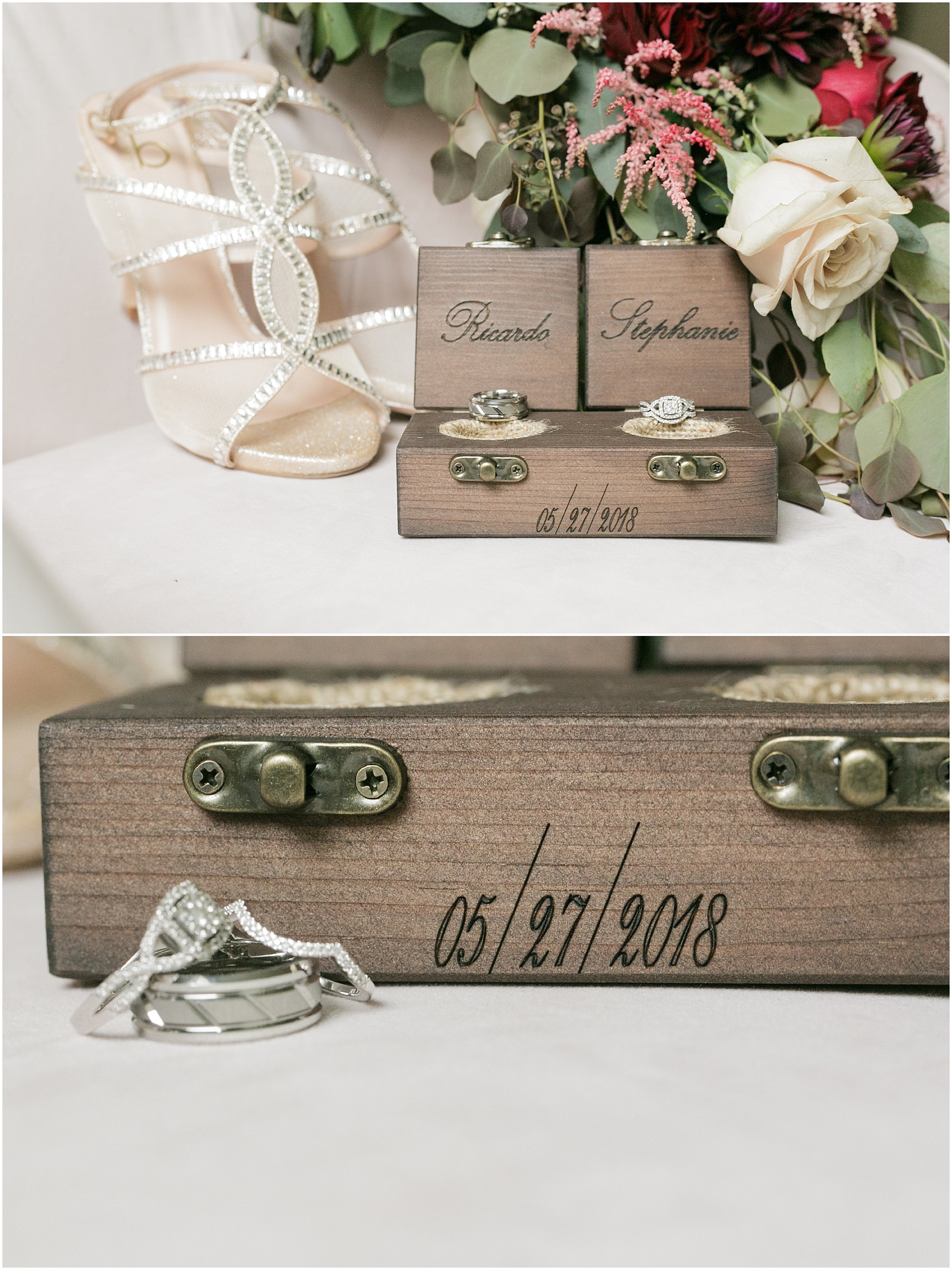 Custom wood ring box with the bride and groom's names and wedding date engraved in it. 