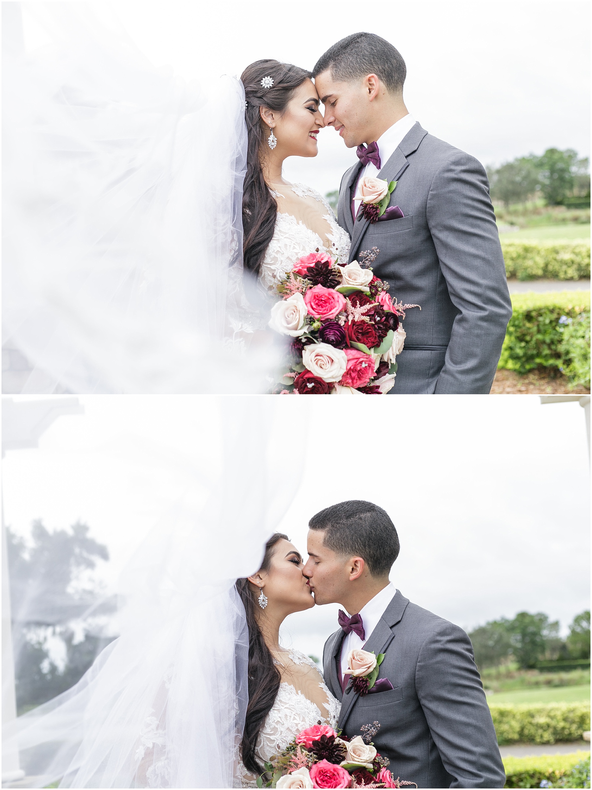Bride and groom kissing while her veil blows in the wind. 