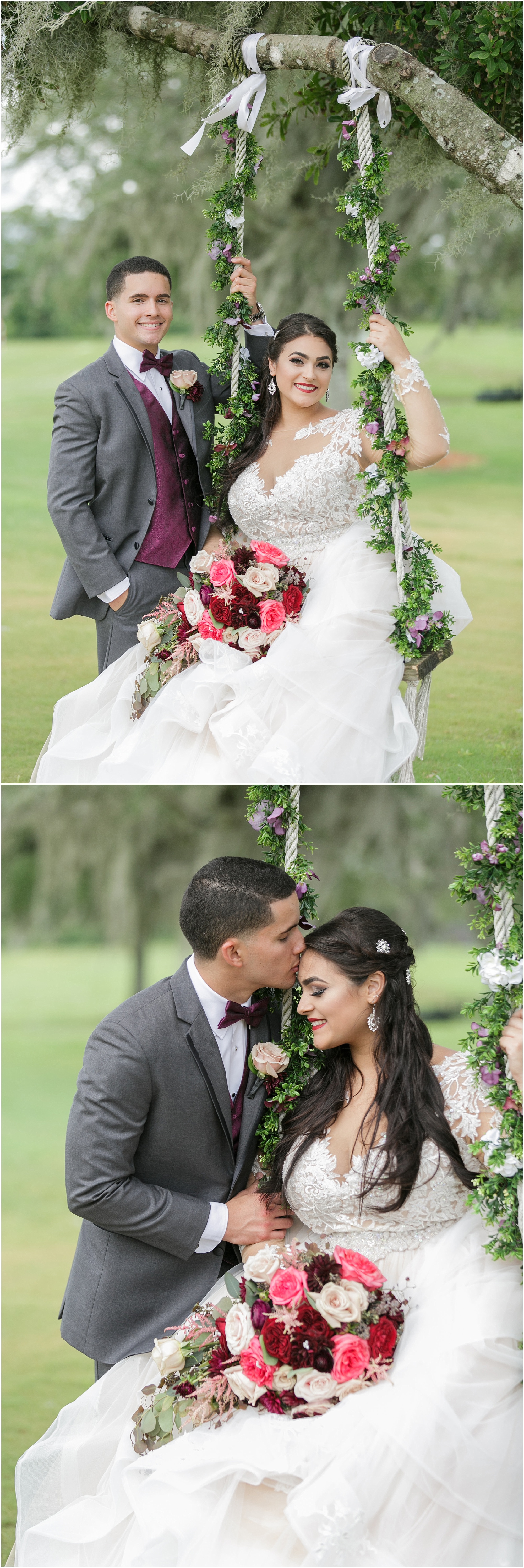 Groom kissing the bride on the forehead while she is on a swing. 
