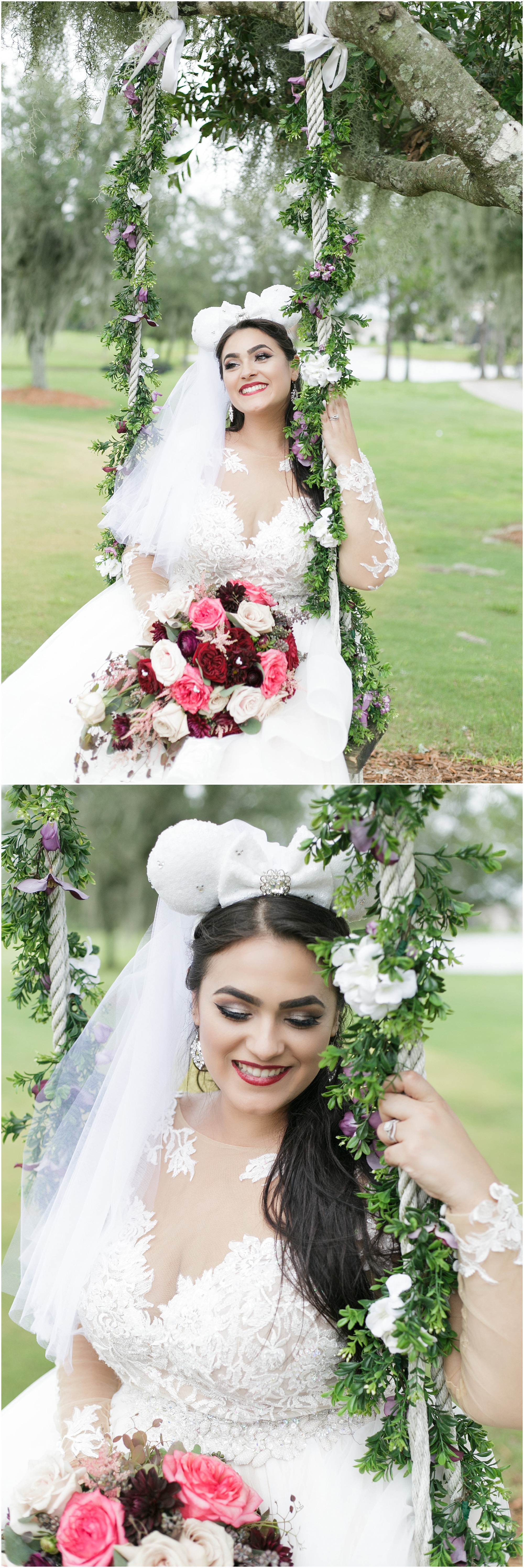Photos of the bride with her Mickey ears swinging on a swing. 