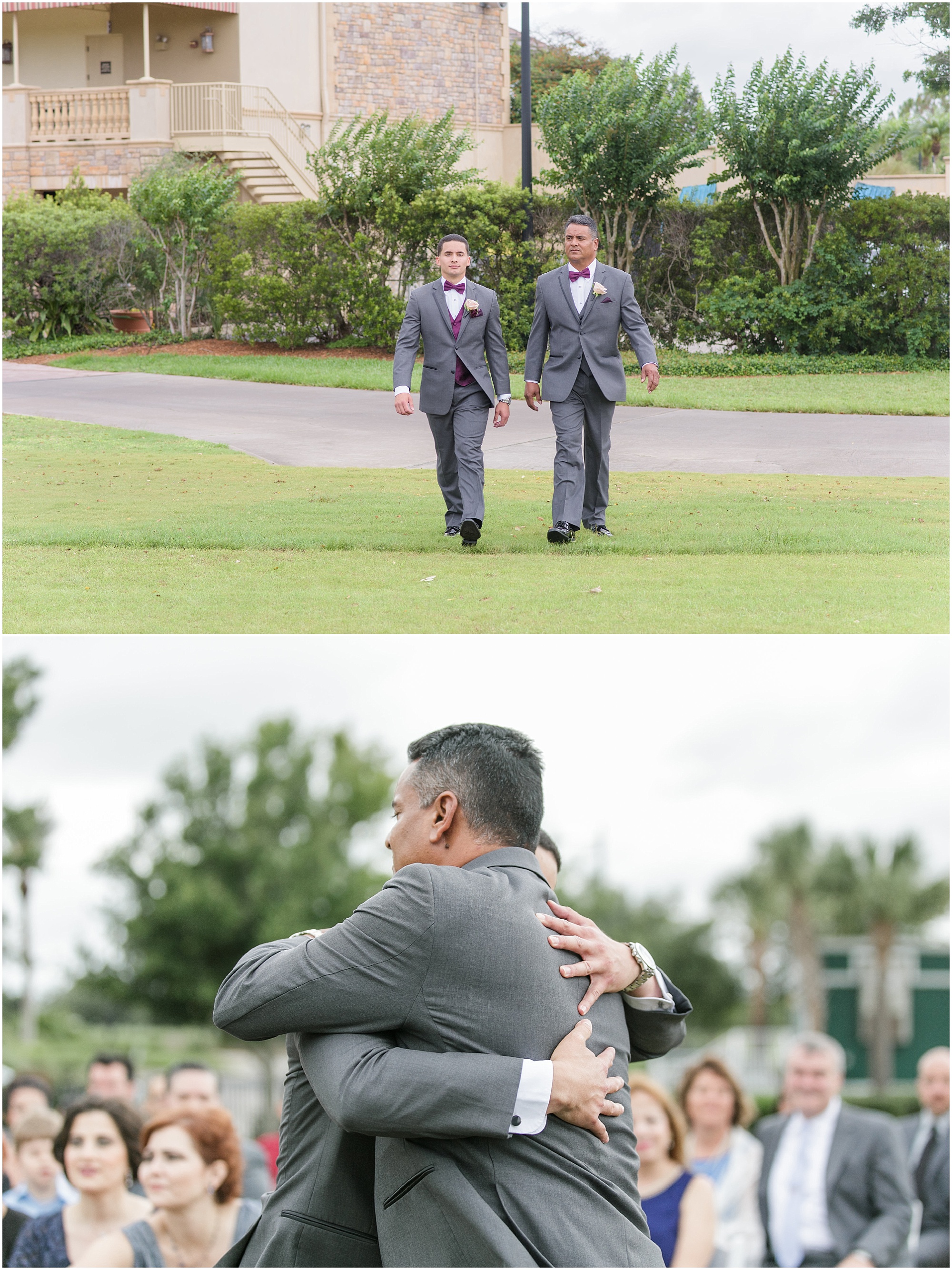 Groom and his dad walking out to wedding ceremony and sharing a hug. 