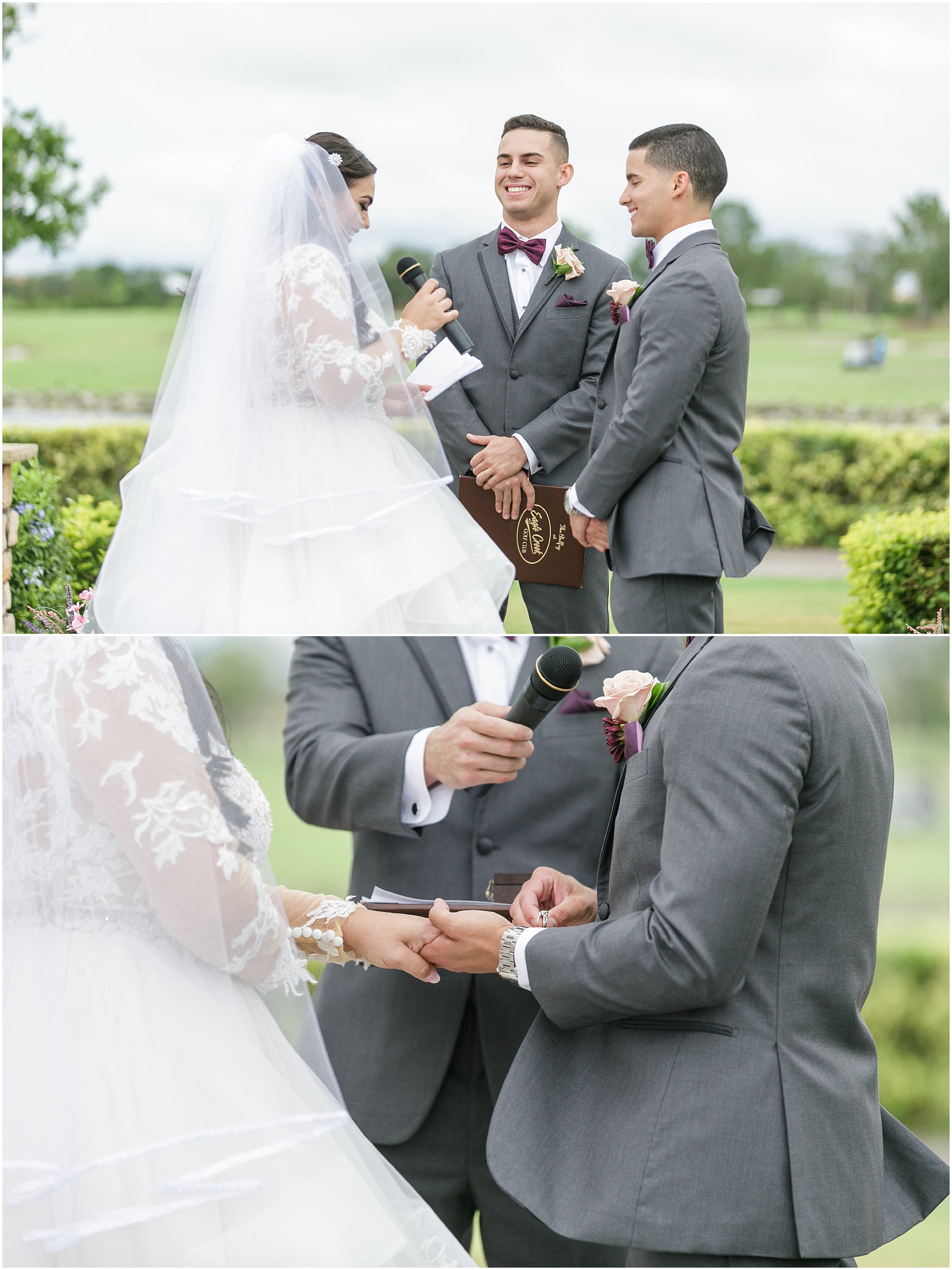 Moments during the ceremony including reading vows and exchanging rings. 