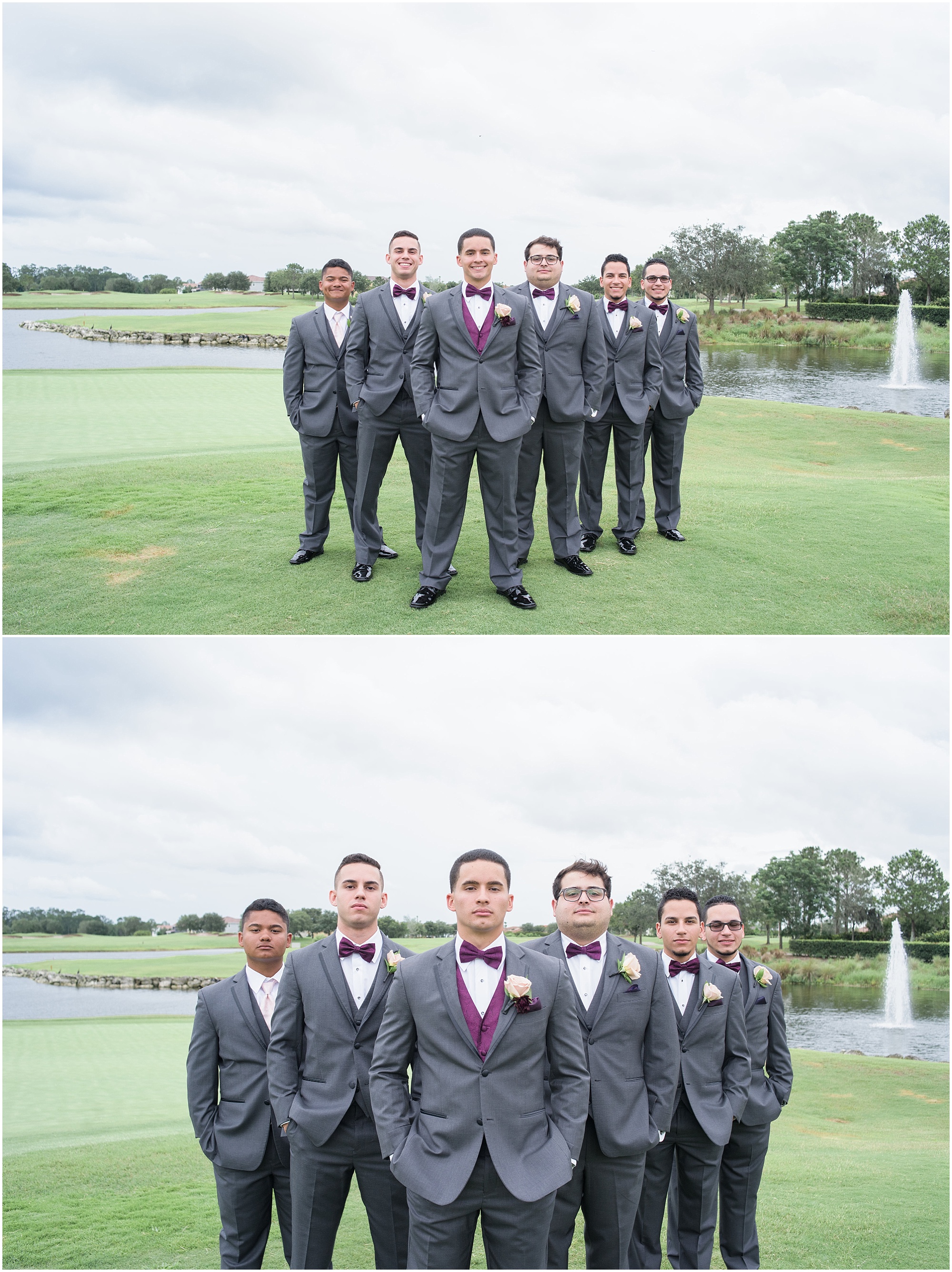 Groom and his groomsmen standing in a V formation. 
