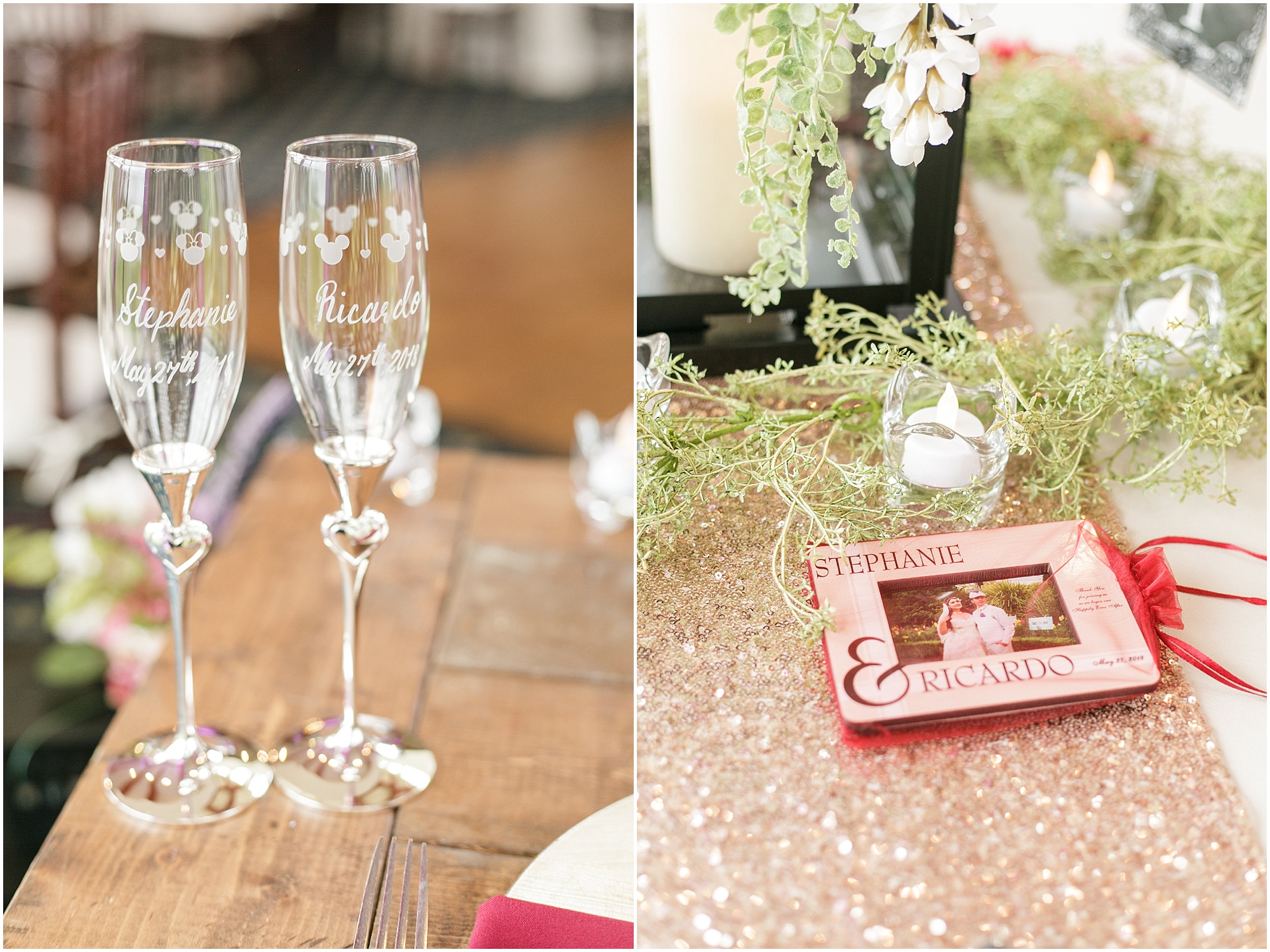 Champagne glasses for the newlyweds and some old photos of them. 