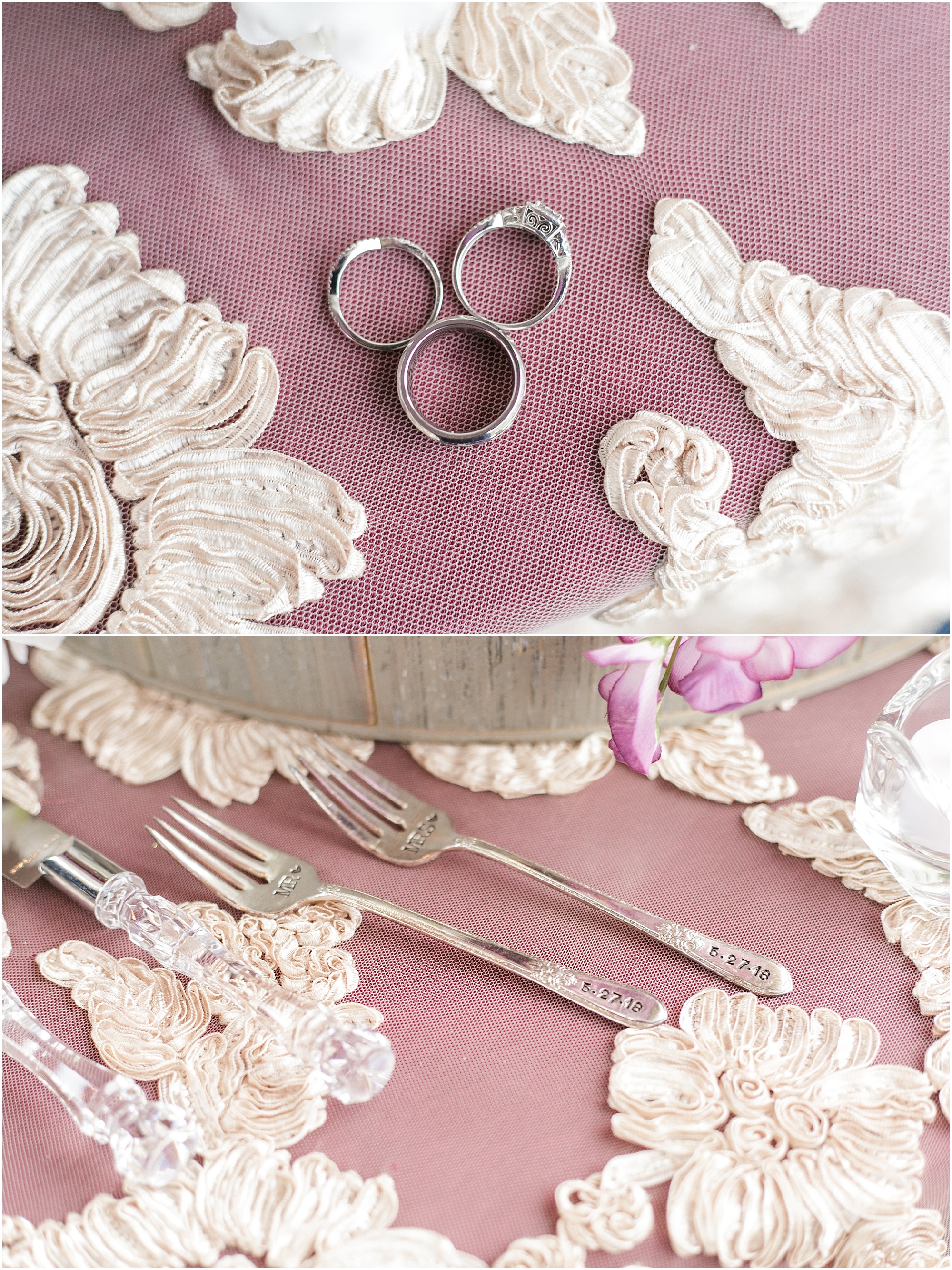 Wedding cake table details like their wedding rings in a Mickey mouse shape and forks engraved with their wedding date. 