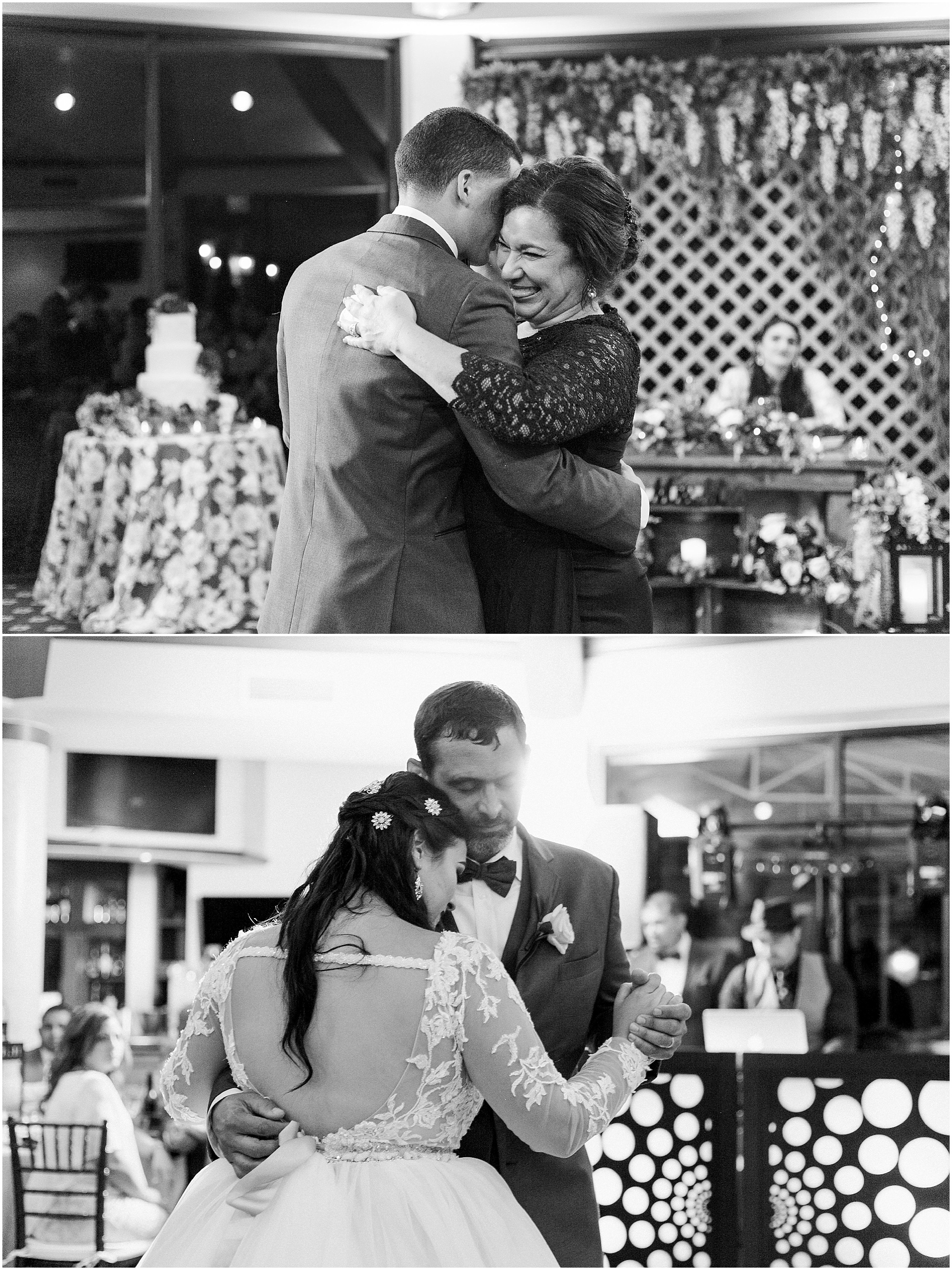 Black and white photos of the bride dancing with her dad and the groom dancing with his mother. 