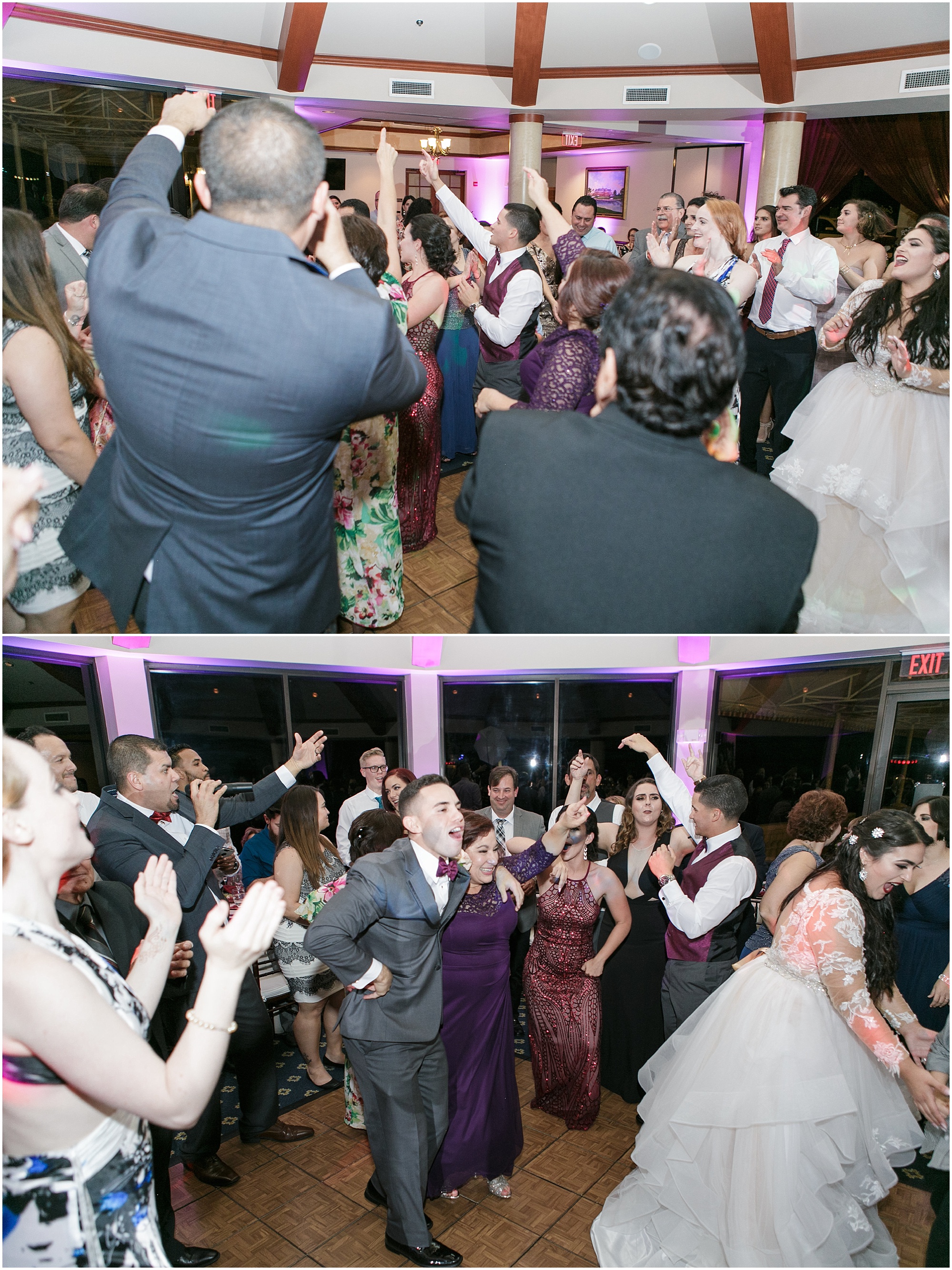 Family and friends dance at wedding reception. 