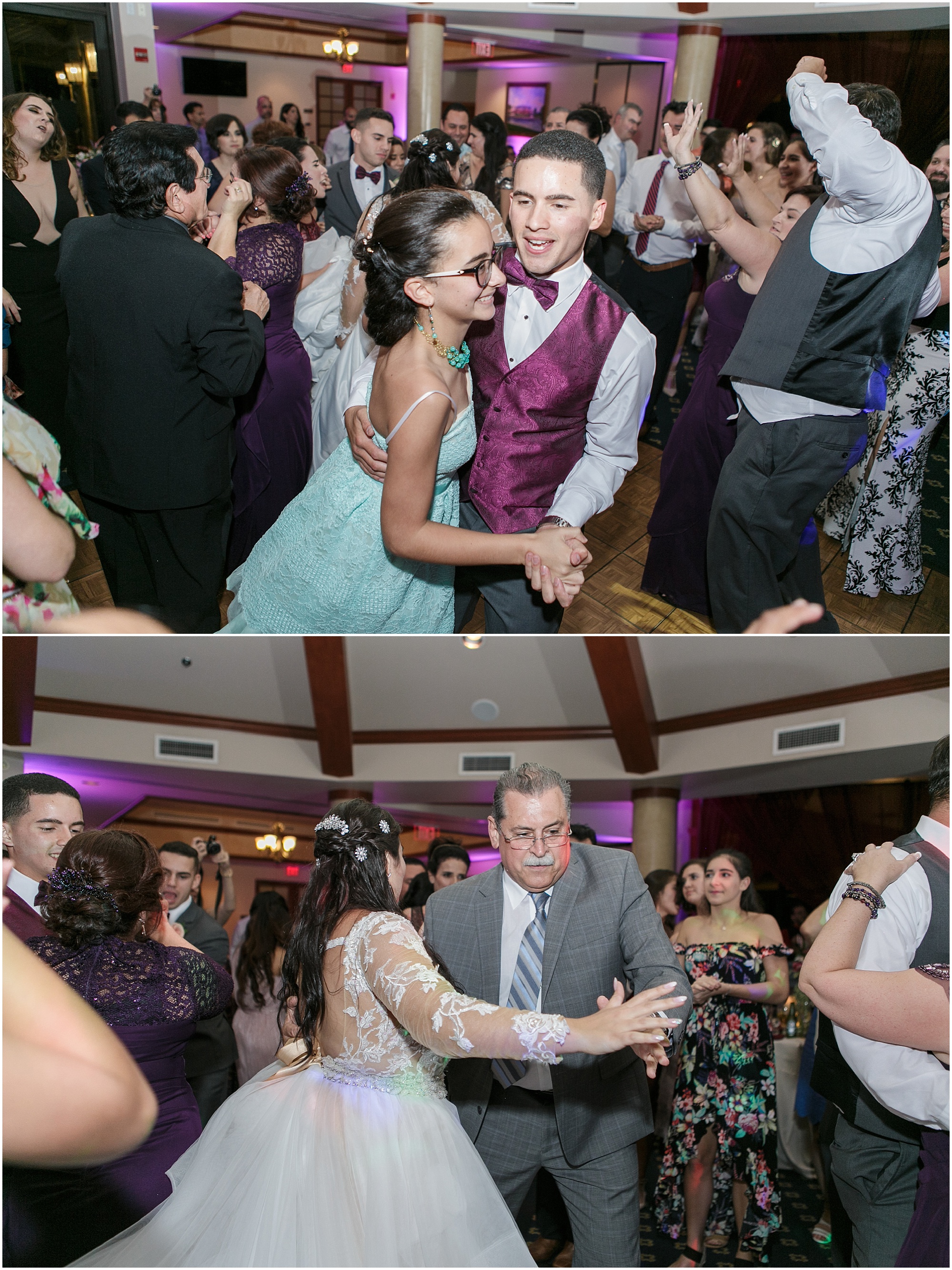 Bride and groom dance with guests at their wedding reception. 