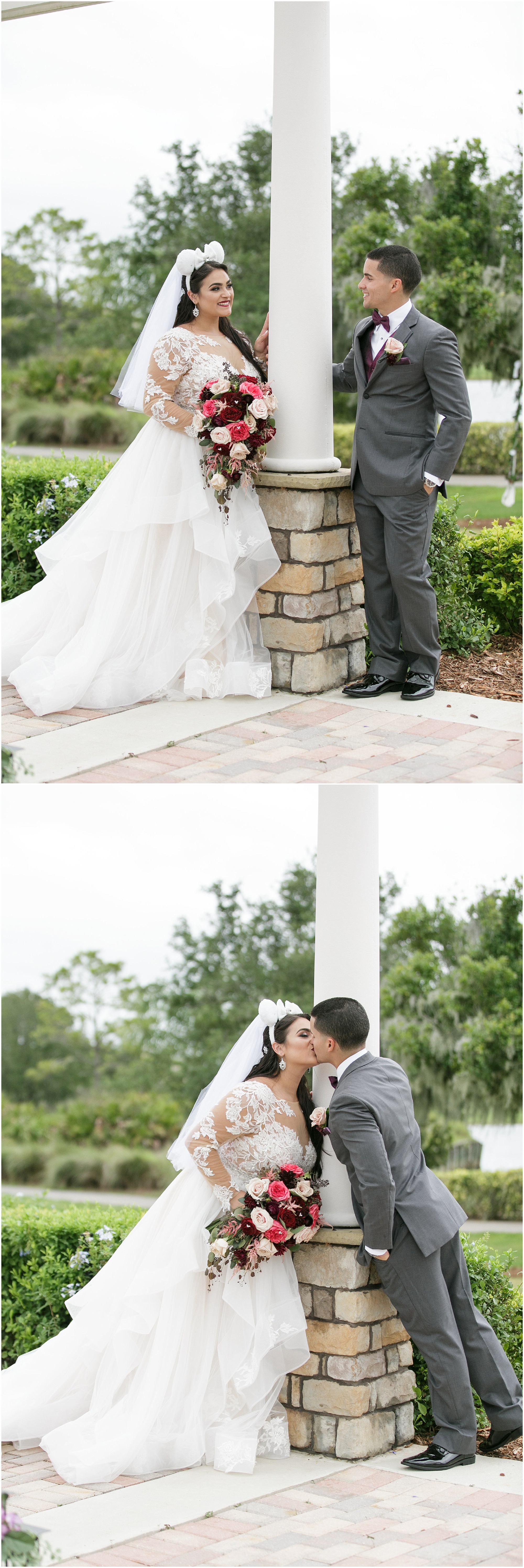 Bride and groom take photos standing around a pillar. 