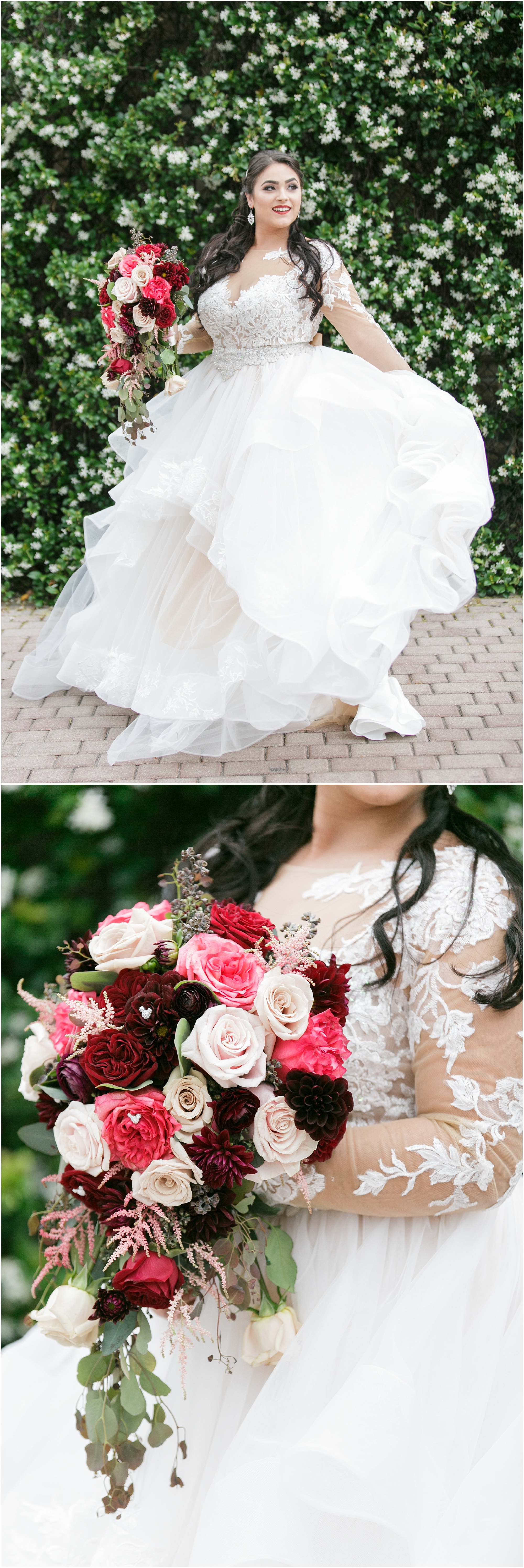 Portraits of the bride holding her shades of red bouquet.