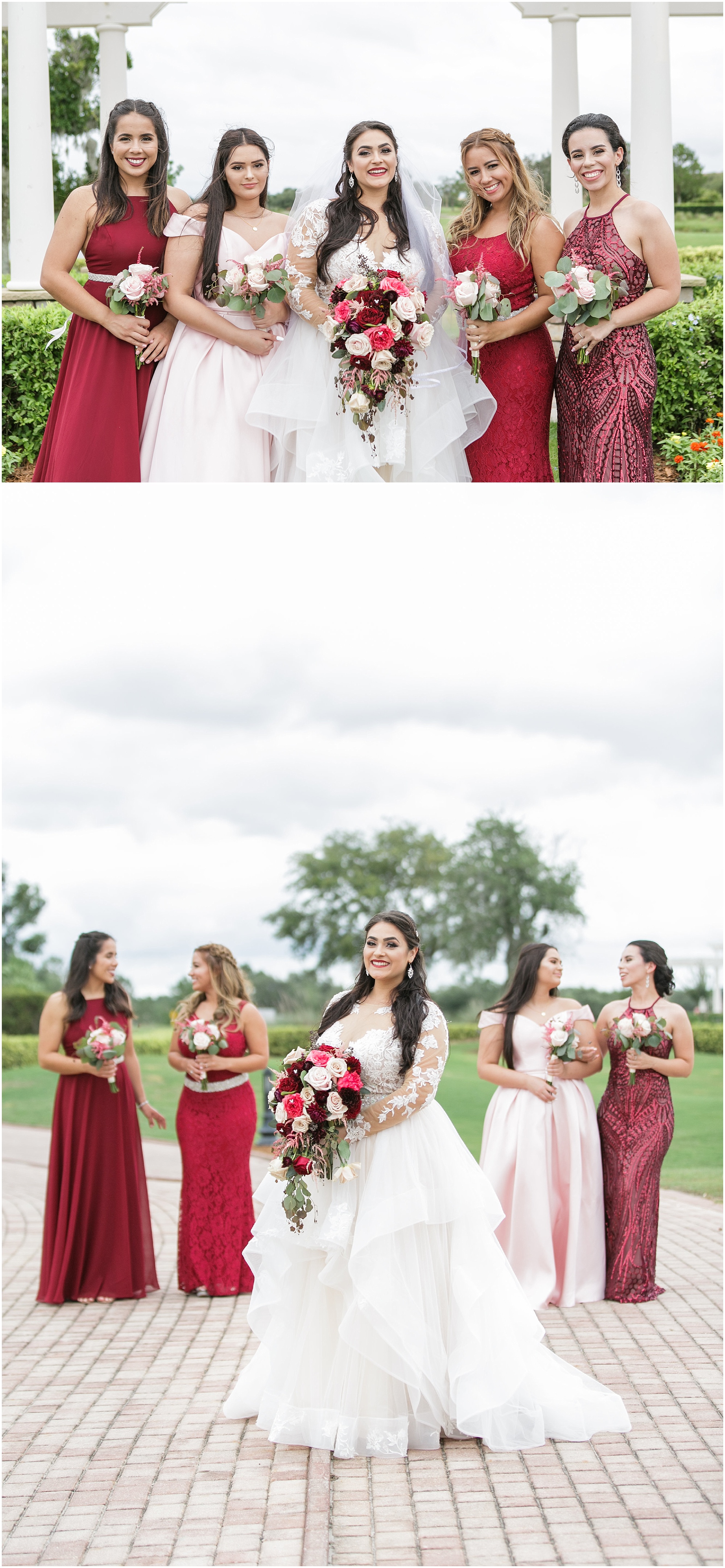 Photos of the bridal party in their mismatched bridesmaids dresses. 