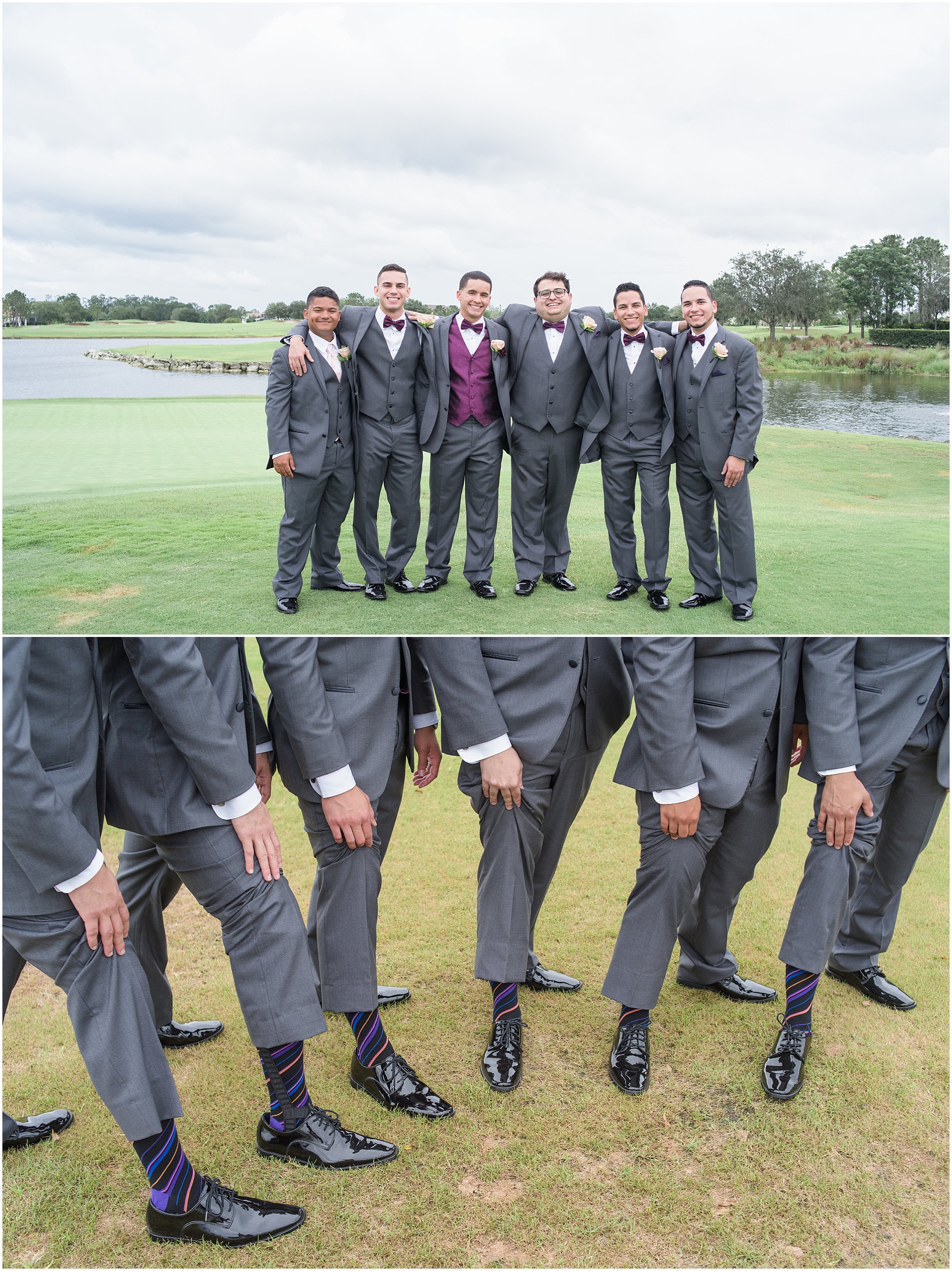 Groomsmen showing off their matching colorful socks. 